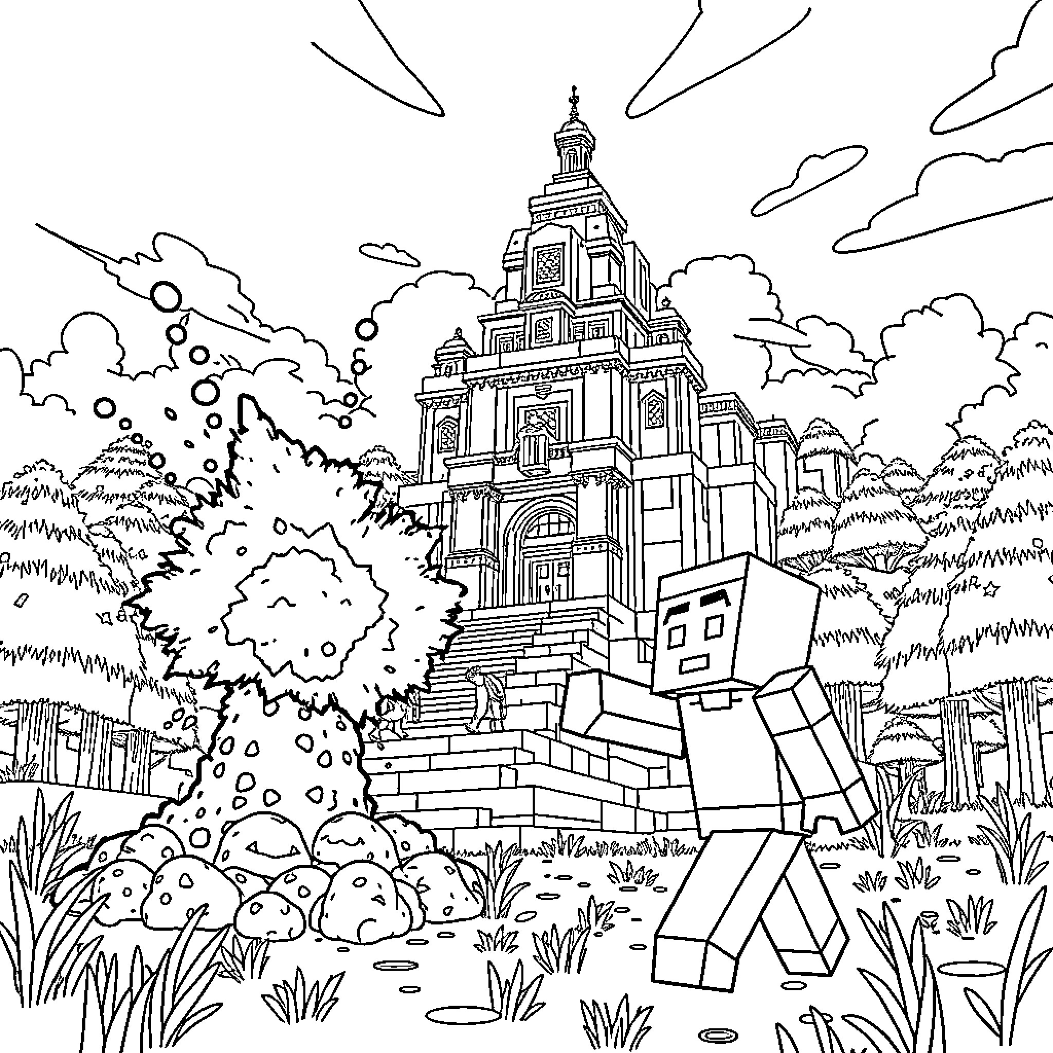 Creeper exploring a grand fantasy castle in the woods Coloring Page (free black-and-white line drawing printable PDF for all, from beginners to advanced learners, including children, teens, adults, and seniors)