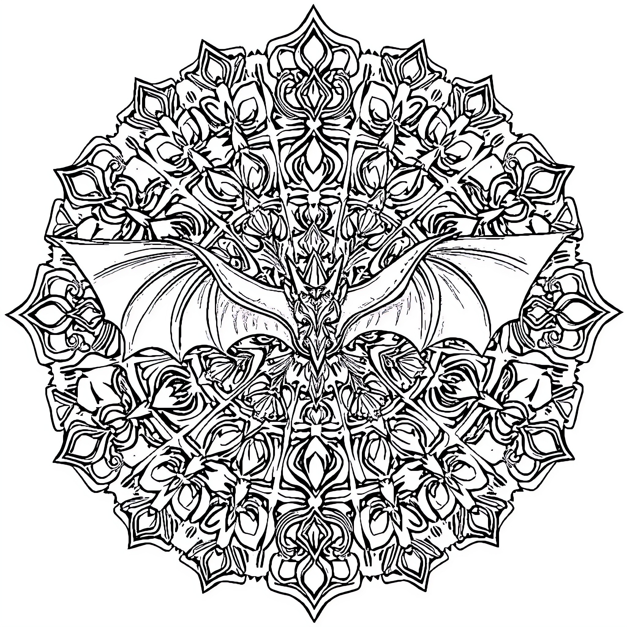 Bat-like creature surrounded by floral mandala Coloring Page (free black-and-white line drawing printable PDF for all, from beginners to advanced learners, including children, teens, adults, and seniors)