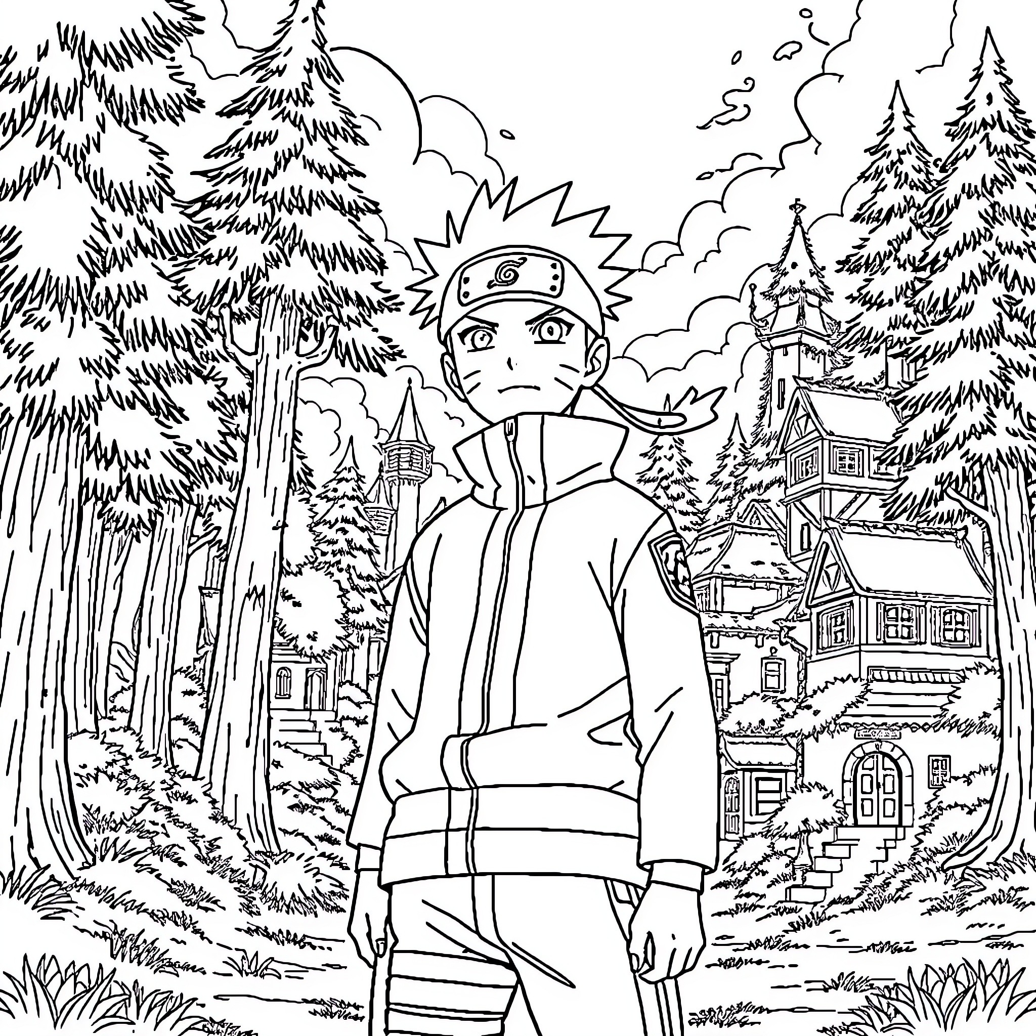 Naruto exploring the enchanted forest village Coloring Page (free black-and-white line drawing printable PDF for all, from beginners to advanced learners, including children, teens, adults, and seniors)