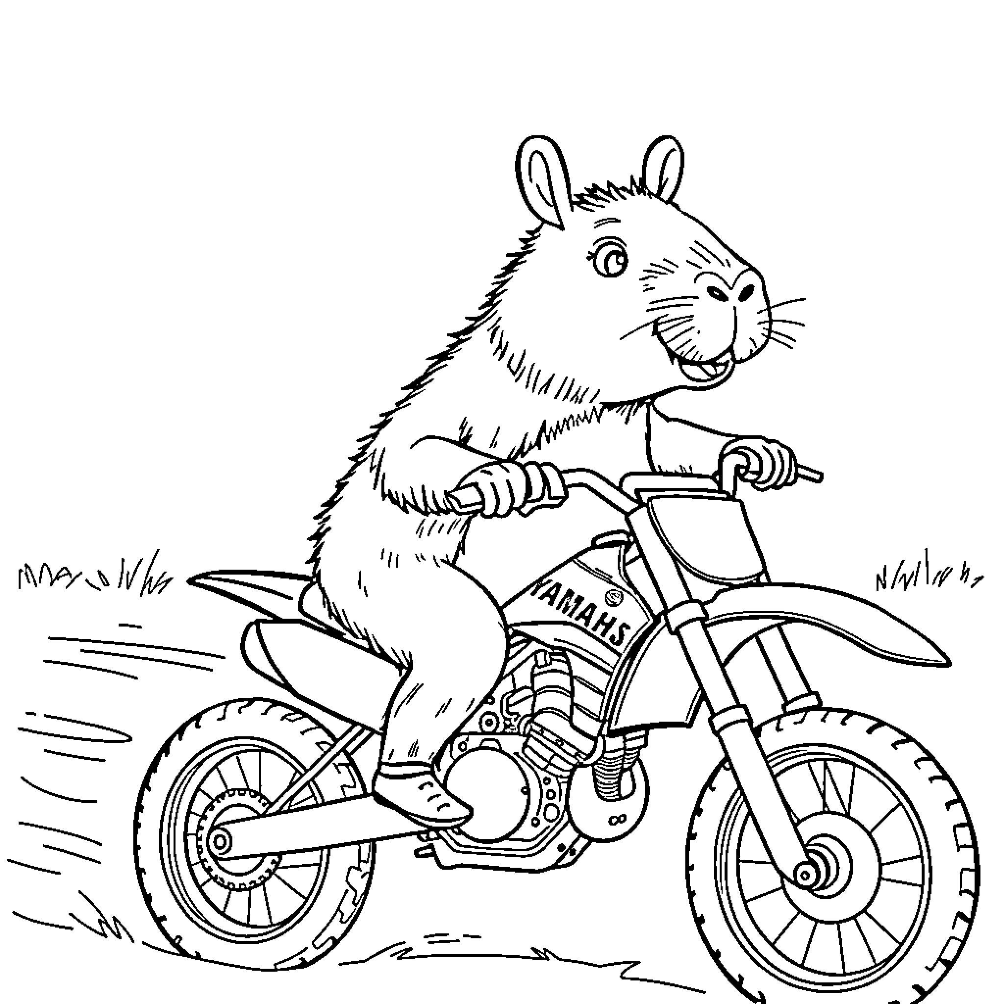 Capybara riding a motocross bike on the road Coloring Page (free black-and-white line drawing printable PDF for all, from beginners to advanced learners, including children, teens, adults, and seniors)