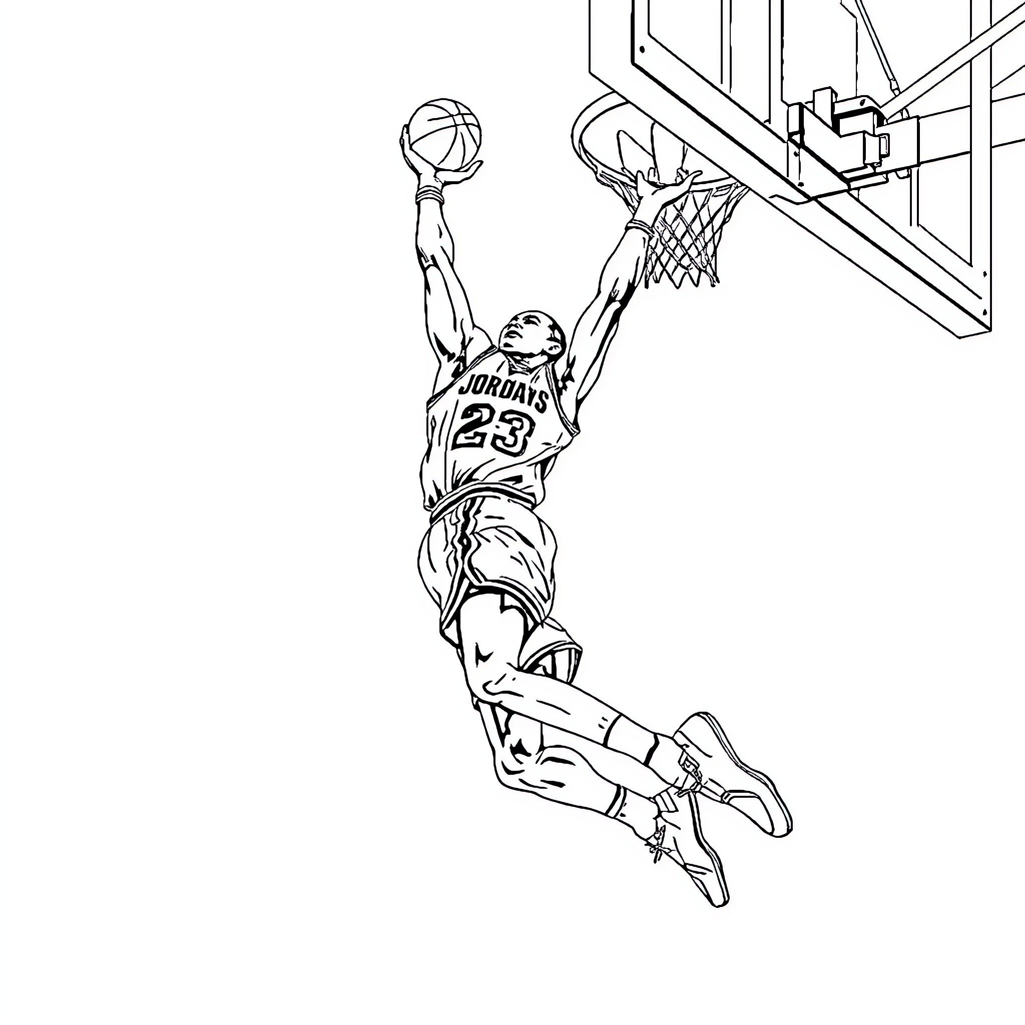 Michael Jordan dunking the basketball Coloring Page (free black-and-white line drawing printable PDF for all, from beginners to advanced learners, including children, teens, adults, and seniors)