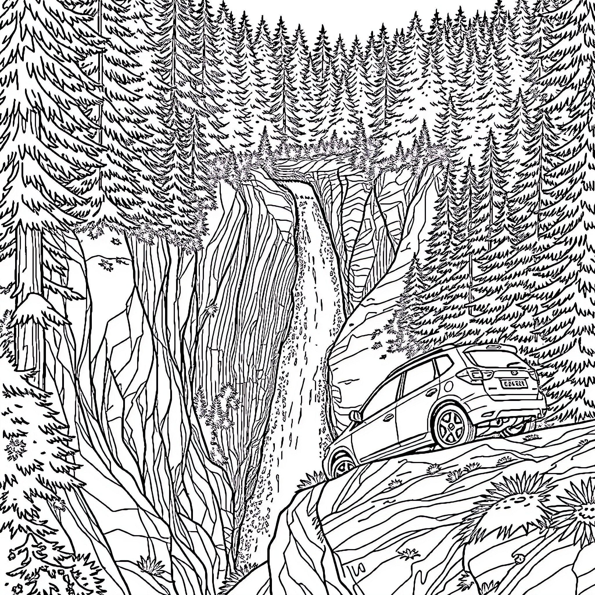 Subaru Forester navigating a snowy forest path Coloring Page (free black-and-white line drawing printable PDF for all, from beginners to advanced learners, including children, teens, adults, and seniors)