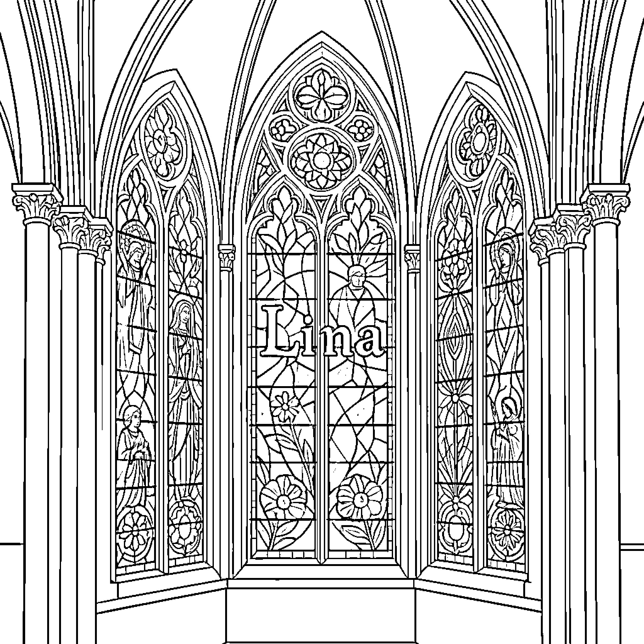 Stained Glass Window Depicting Floral Patterns and Architecture Coloring Page (free black-and-white line drawing printable PDF for all, from beginners to advanced learners, including children, teens, adults, and seniors)