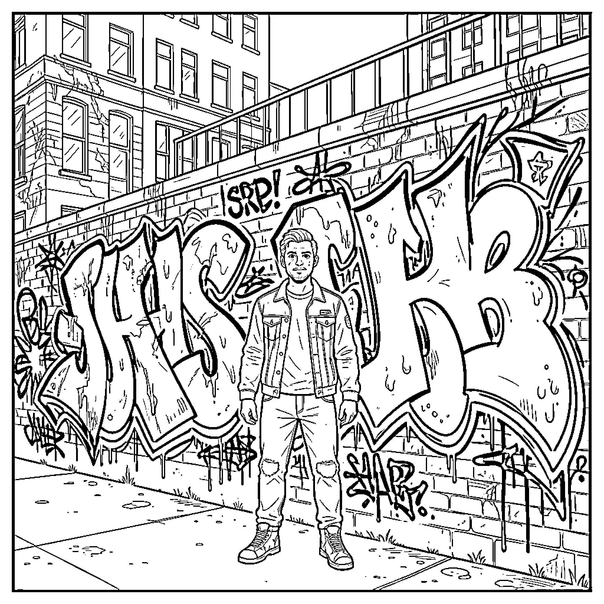 JR young man standing in front of graffiti wall Coloring Page (free black-and-white line drawing printable PDF for all, from beginners to advanced learners, including children, teens, adults, and seniors)