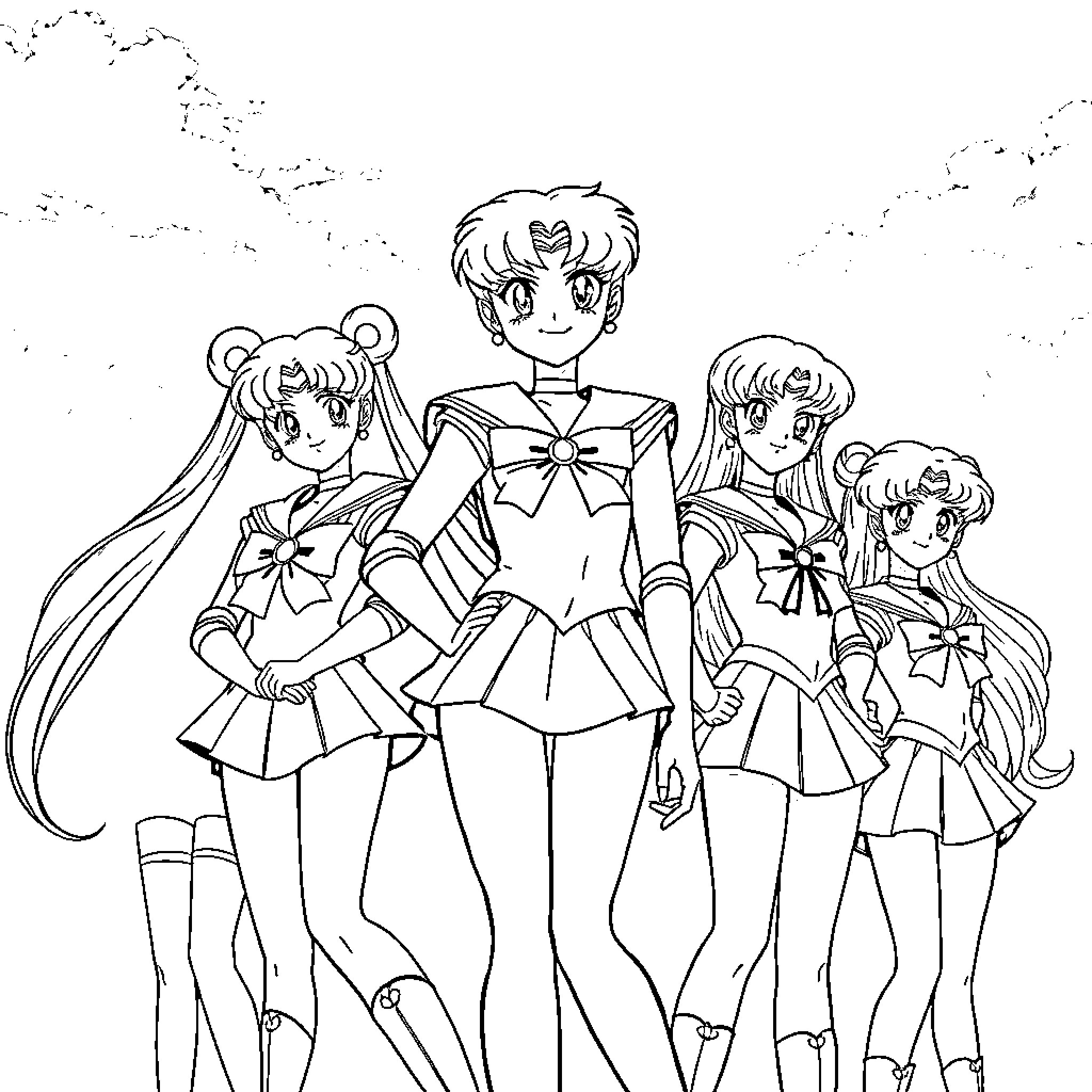 Sailor Moon and her team in action poses Coloring Page (free black-and-white line drawing printable PDF for all, from beginners to advanced learners, including children, teens, adults, and seniors)