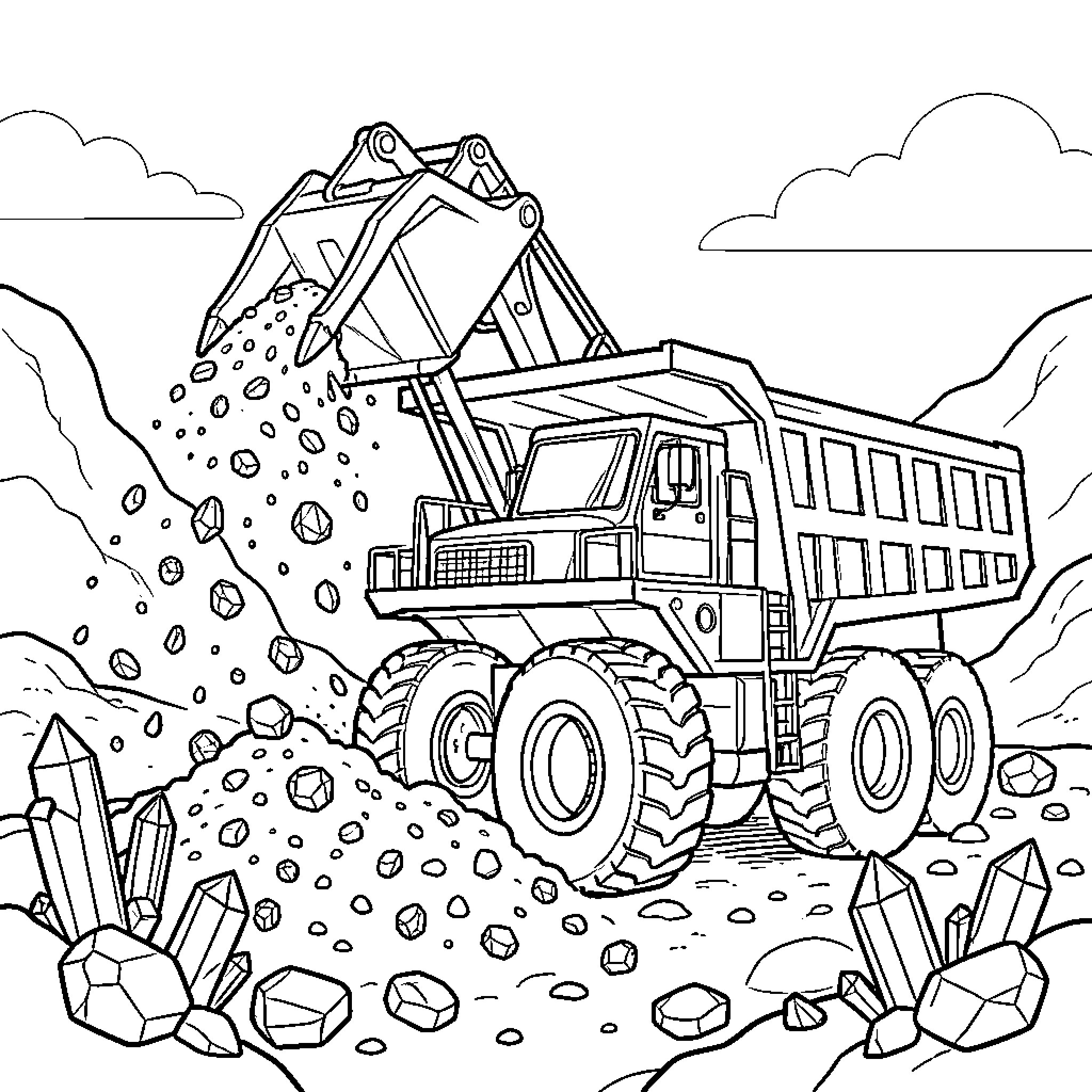 Camión Minero loading large rocks in a quarry Coloring Page (free black-and-white line drawing printable PDF for all, from beginners to advanced learners, including children, teens, adults, and seniors)