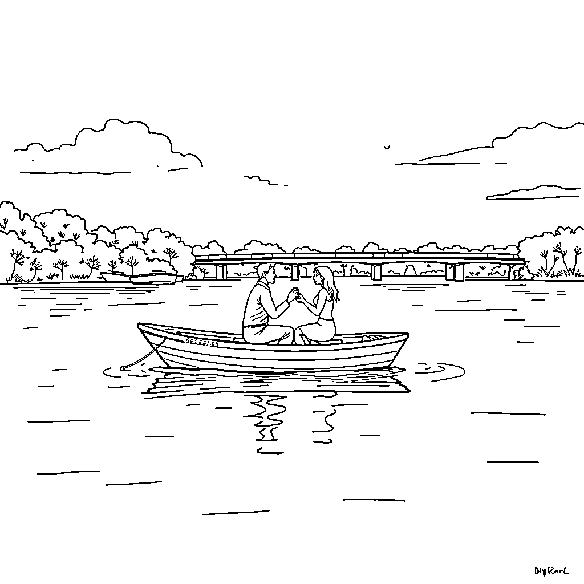 Boat with two people enjoying scenic lakeside landscape Coloring Page (free black-and-white line drawing printable PDF for all, from beginners to advanced learners, including children, teens, adults, and seniors)