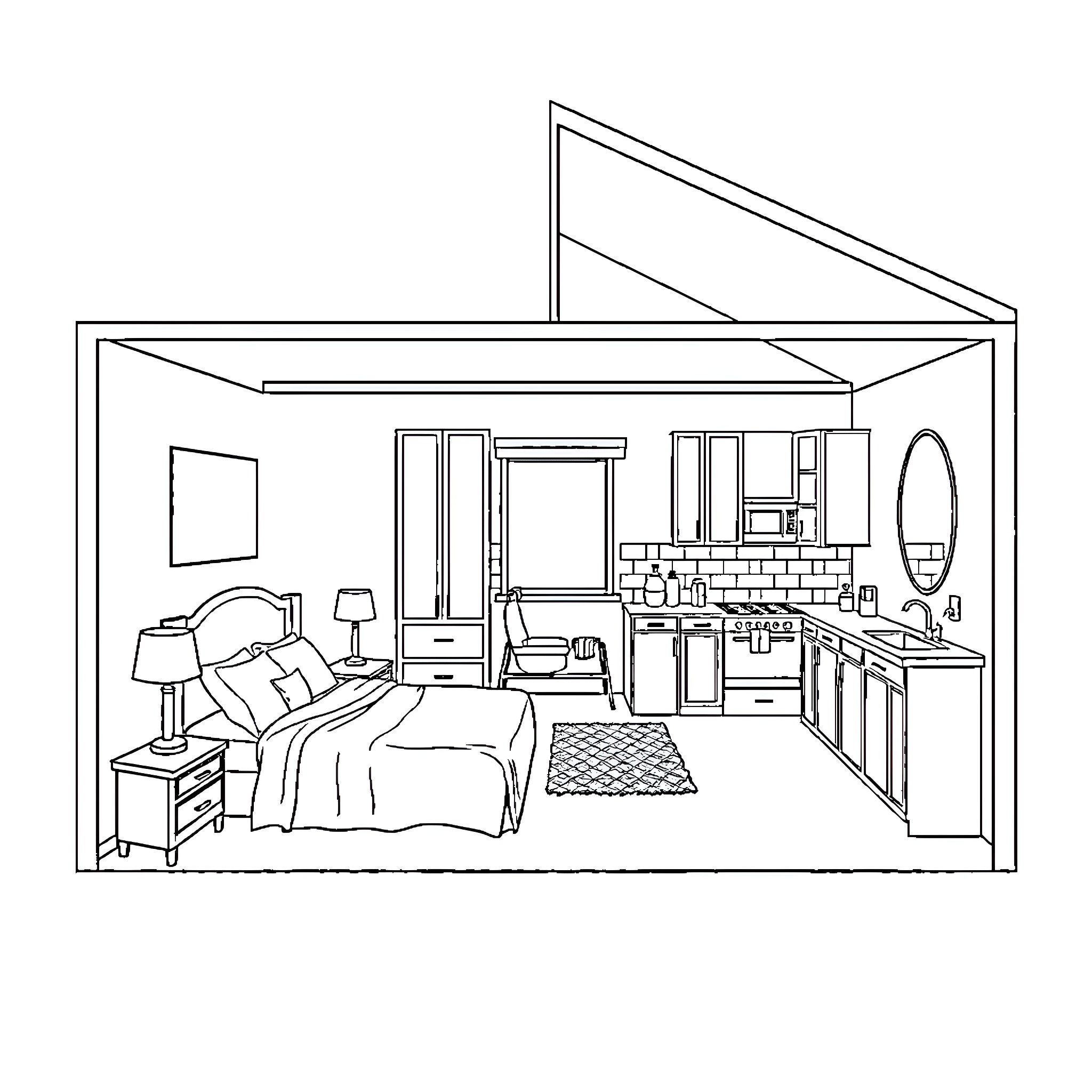House with bedroom, kitchen, and living room Coloring Page (free black-and-white line drawing printable PDF for all, from beginners to advanced learners, including children, teens, adults, and seniors)