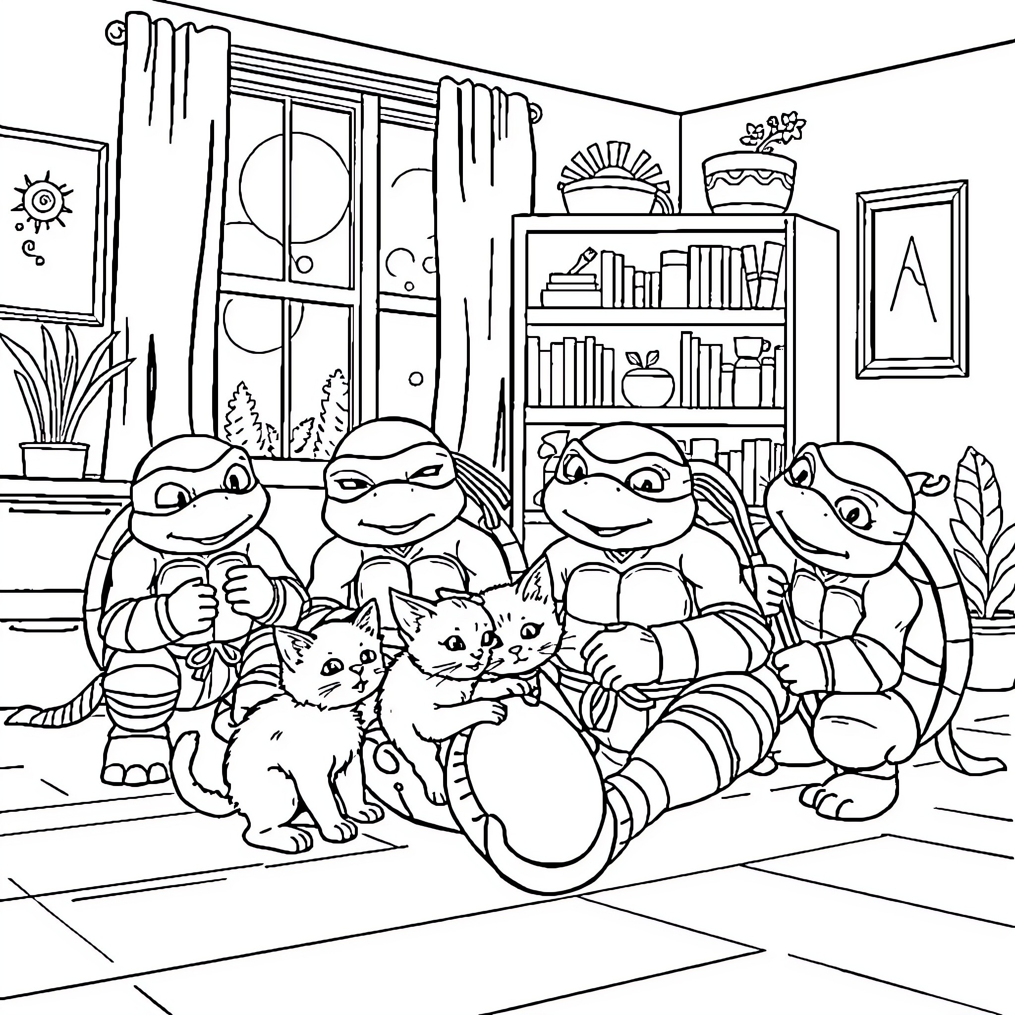 Ninja Turtle Playmates in Cozy Living Room Coloring Page (free black-and-white line drawing printable PDF for all, from beginners to advanced learners, including children, teens, adults, and seniors)