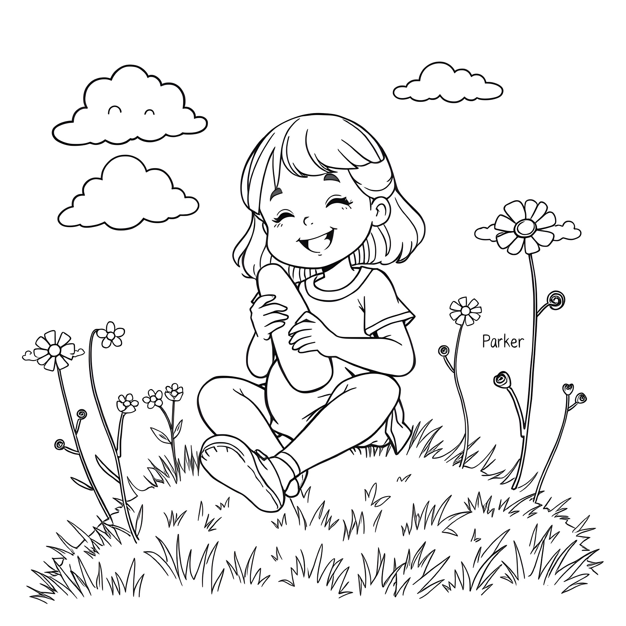Girl enjoying a sunny day outdoors Coloring Page (free black-and-white line drawing printable PDF for all, from beginners to advanced learners, including children, teens, adults, and seniors)
