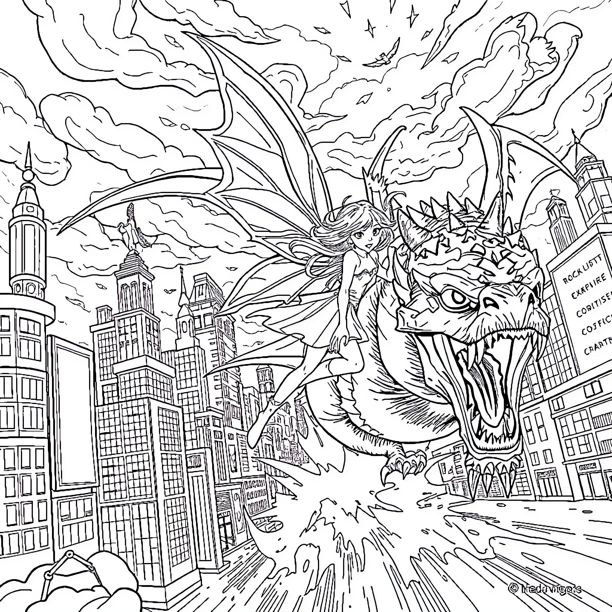 Fairy battles fierce dragon in urban cityscape Coloring Page (free black-and-white line drawing printable PDF for all, from beginners to advanced learners, including children, teens, adults, and seniors)