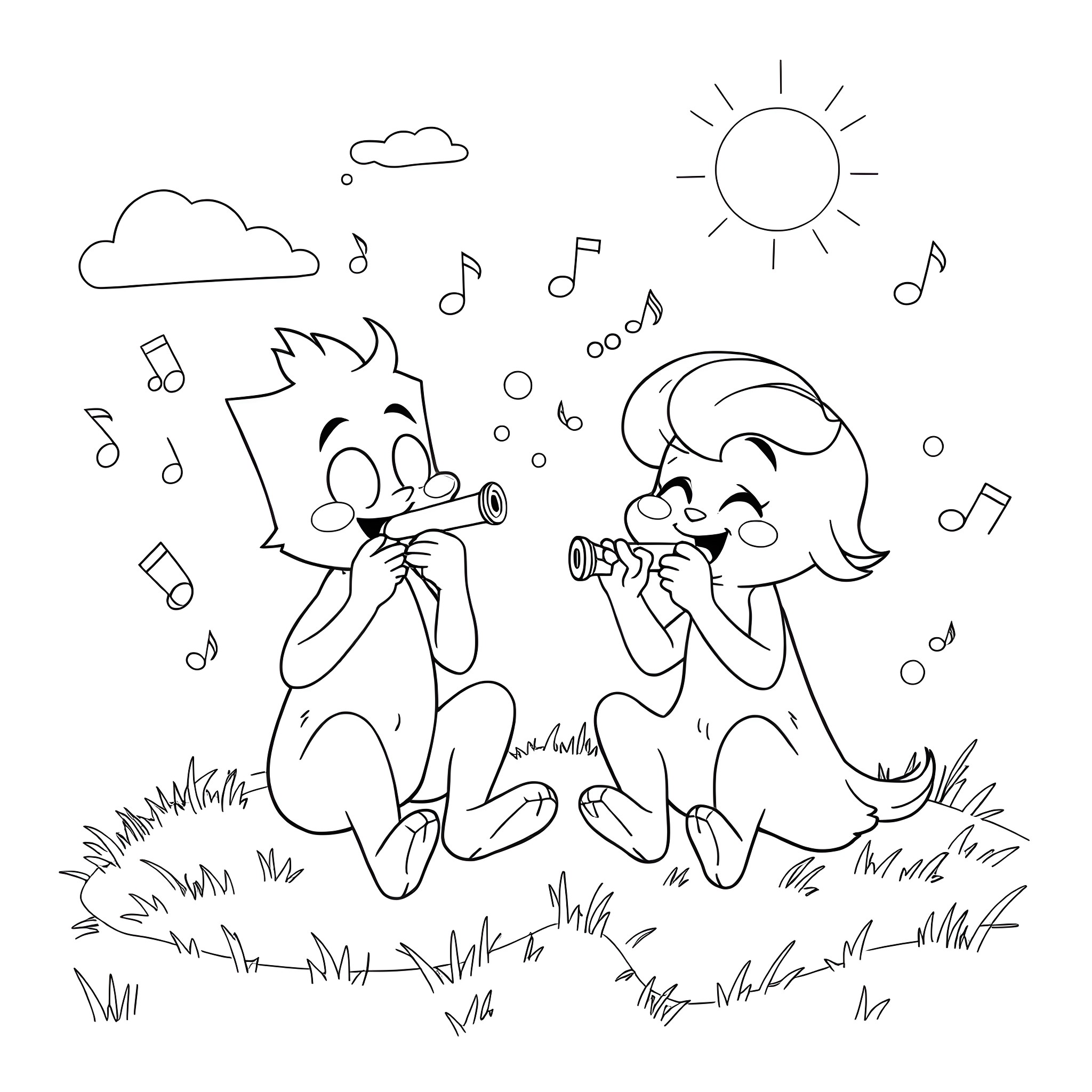 Frye characters singing and dancing in the park Coloring Page (free black-and-white line drawing printable PDF for all, from beginners to advanced learners, including children, teens, adults, and seniors)