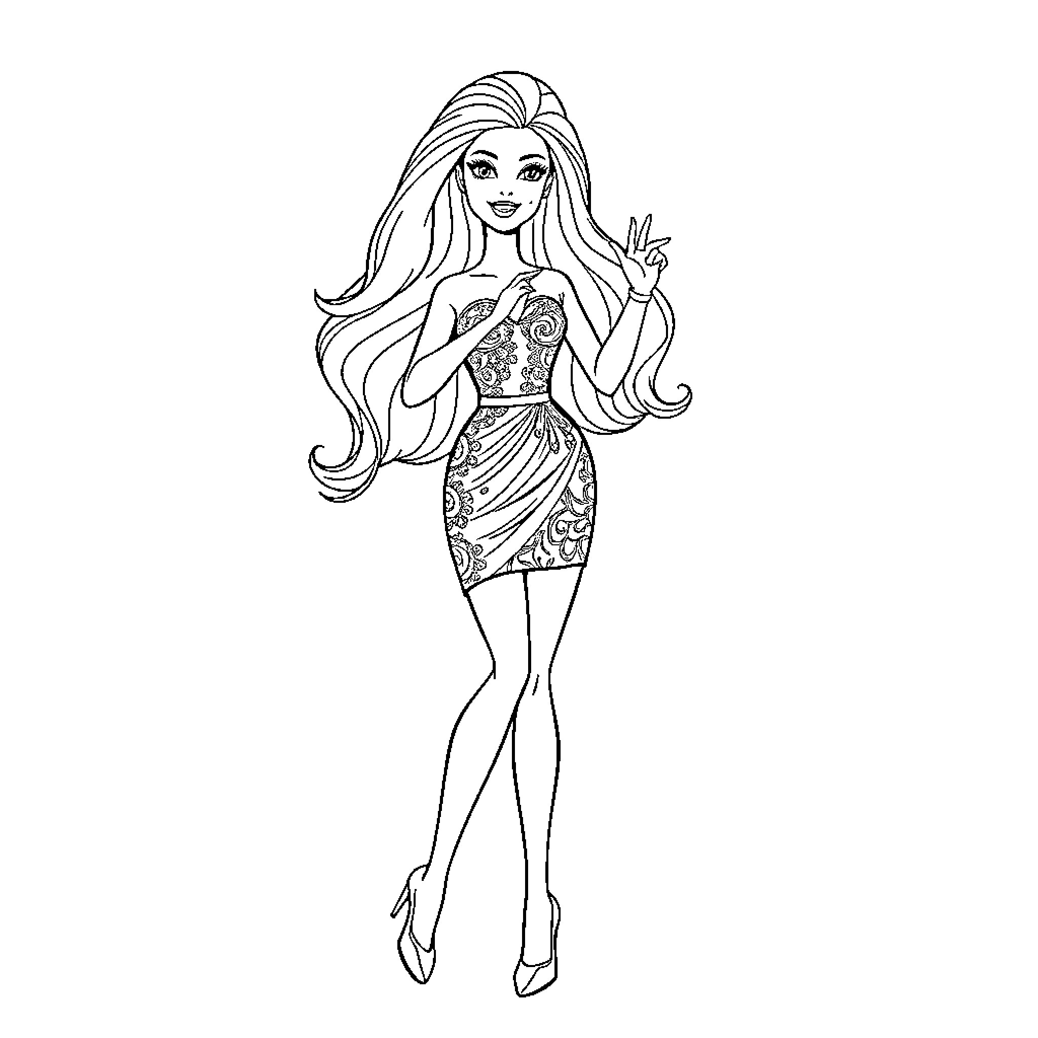 Barbie Striking a Fashionable Pose Coloring Page (free black-and-white line drawing printable PDF for all, from beginners to advanced learners, including children, teens, adults, and seniors)