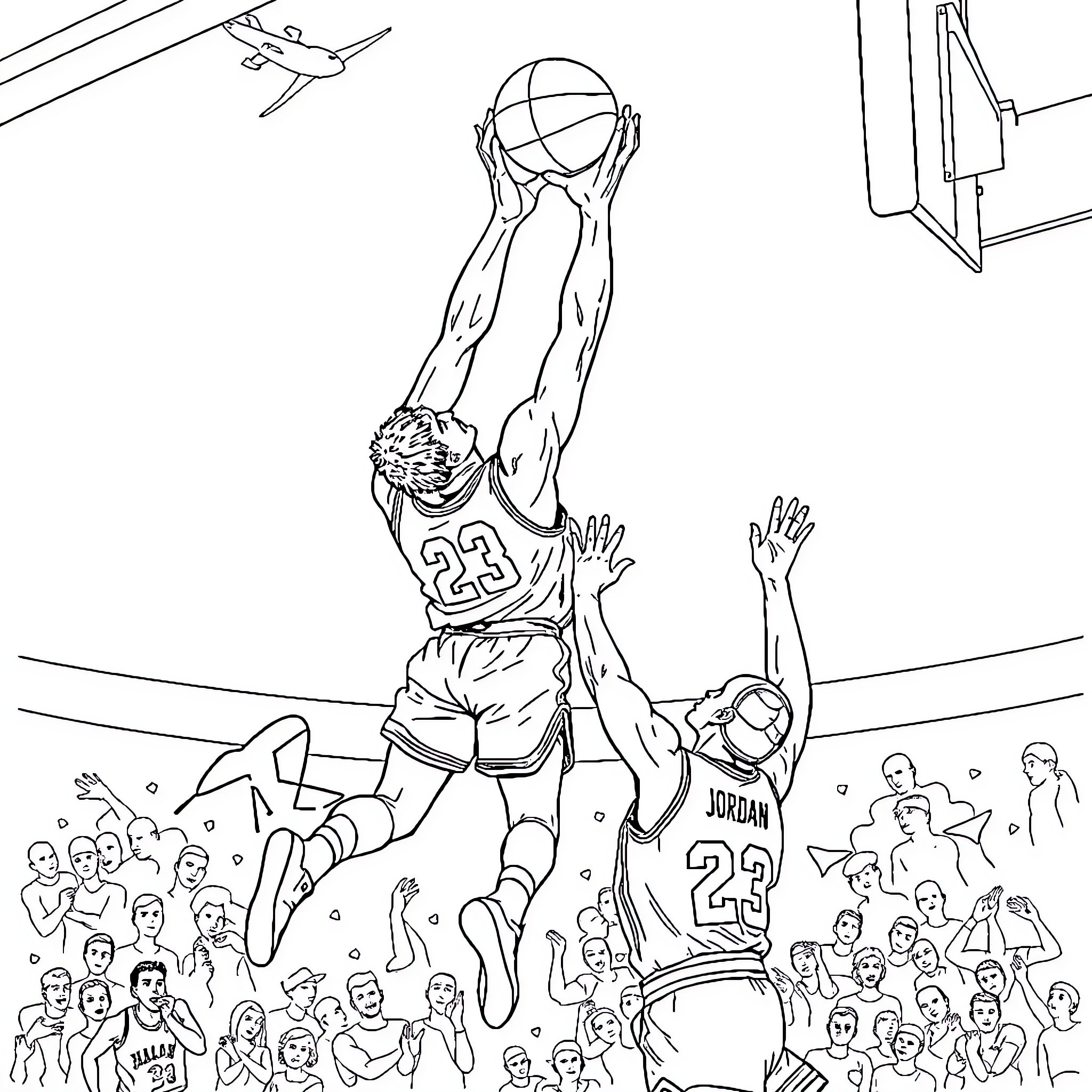 Petros Mantalos Soaring for the Rebound in Intense Basketball Match Coloring Page (free black-and-white line drawing printable PDF for all, from beginners to advanced learners, including children, teens, adults, and seniors)