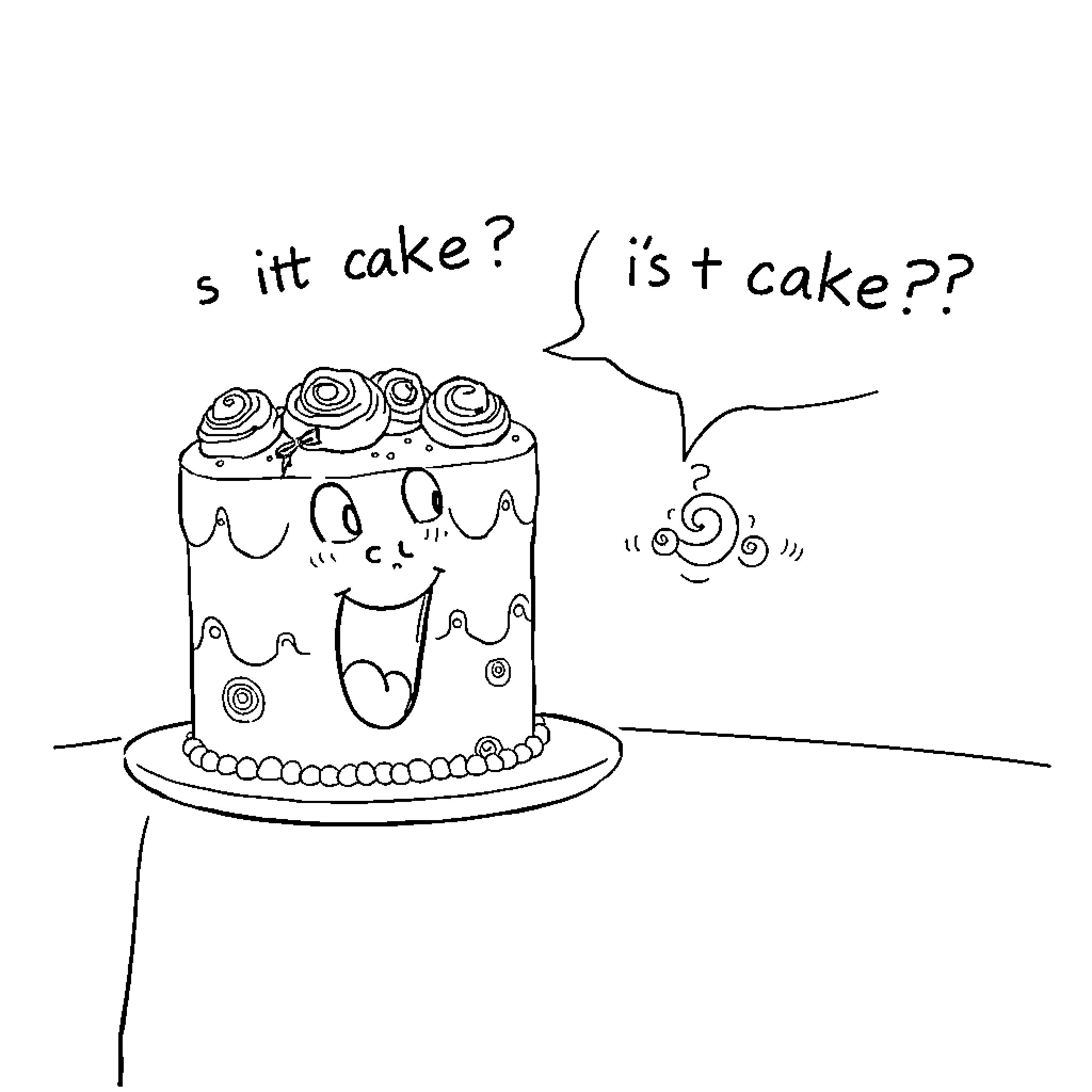 Cake Questioning Its Own Identity Coloring Page (free black-and-white line drawing printable PDF for all, from beginners to advanced learners, including children, teens, adults, and seniors)