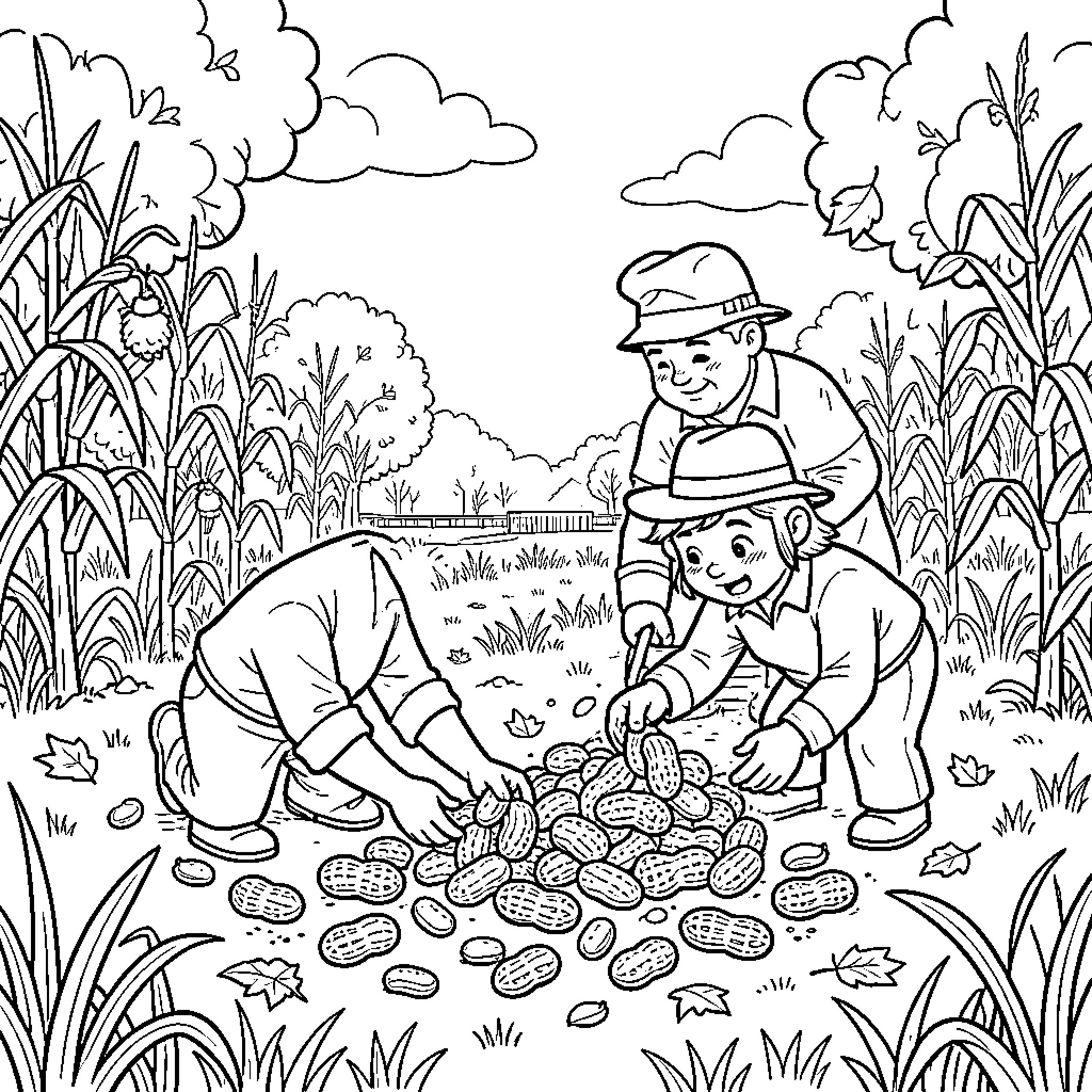 Peanut harvesting in a field by two young boys Coloring Page (free black-and-white line drawing printable PDF for all, from beginners to advanced learners, including children, teens, adults, and seniors)