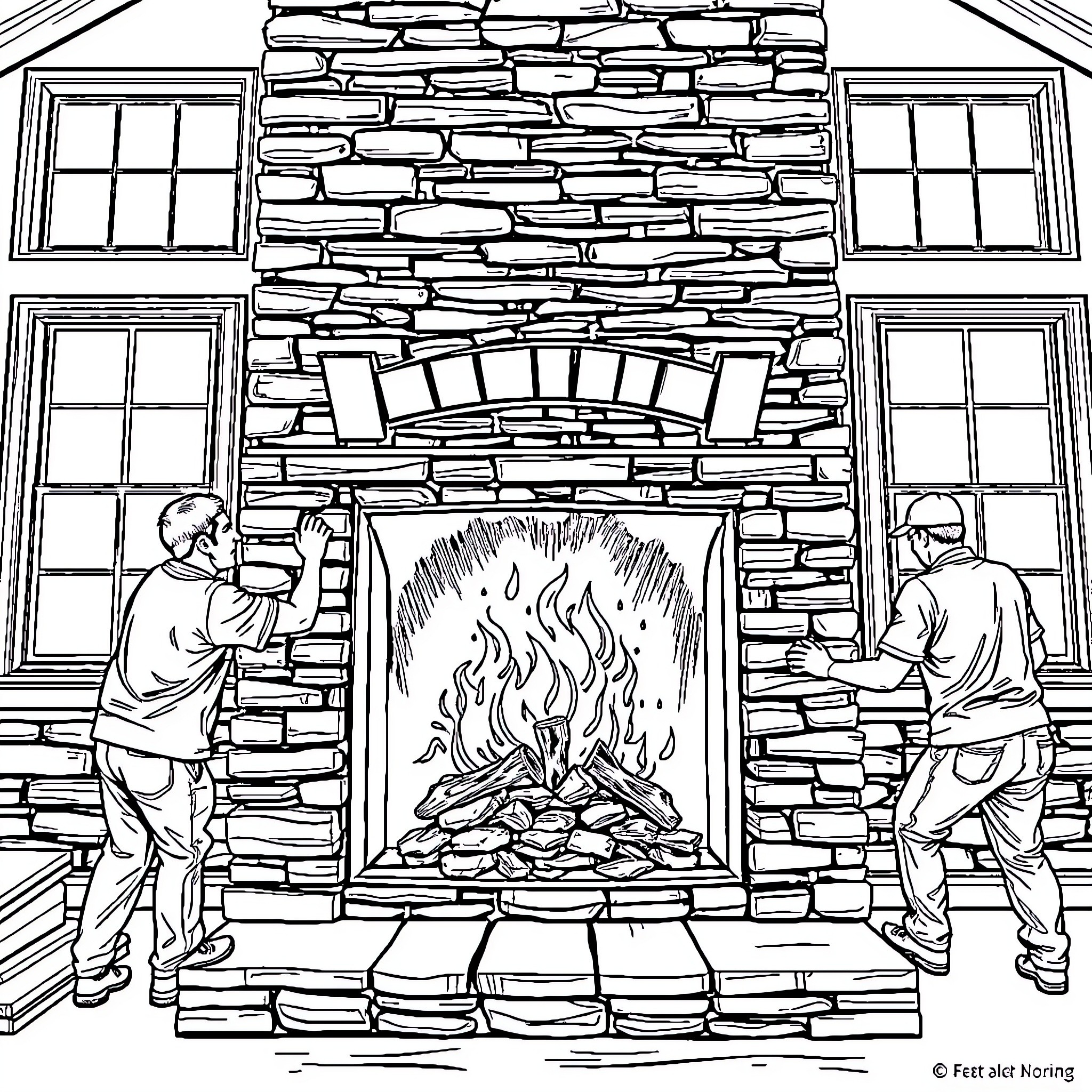 Fireplace with people enjoying the warmth Coloring Page (free black-and-white line drawing printable PDF for all, from beginners to advanced learners, including children, teens, adults, and seniors)