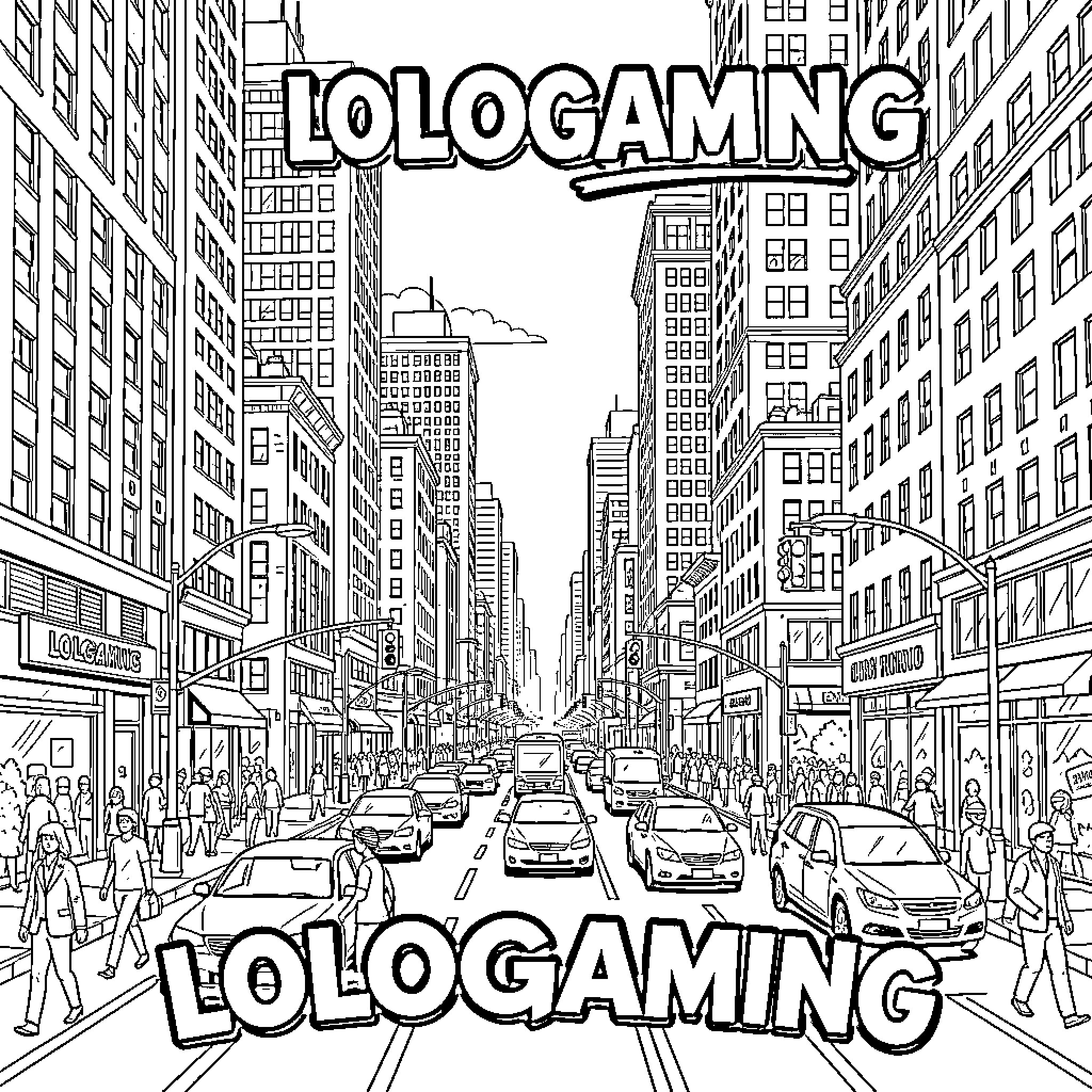 LOLOGAMING busy city street with cars and pedestrians Coloring Page (free black-and-white line drawing printable PDF for all, from beginners to advanced learners, including children, teens, adults, and seniors)