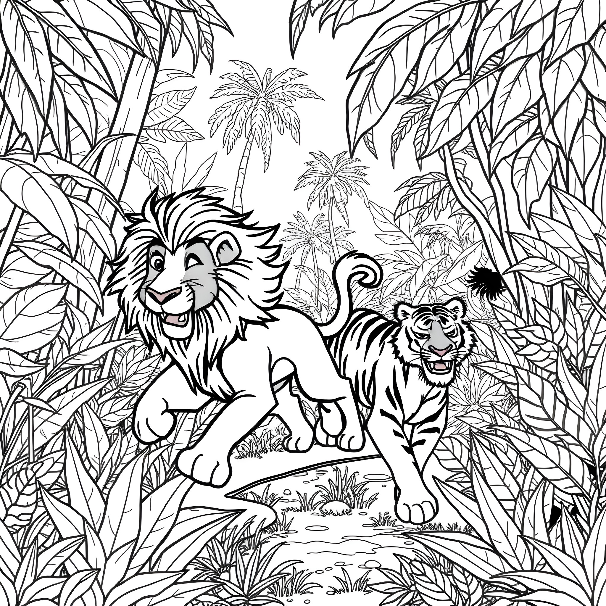 Lion and Tiger in Lush Tropical Jungle Coloring Page (free black-and-white line drawing printable PDF for all, from beginners to advanced learners, including children, teens, adults, and seniors)