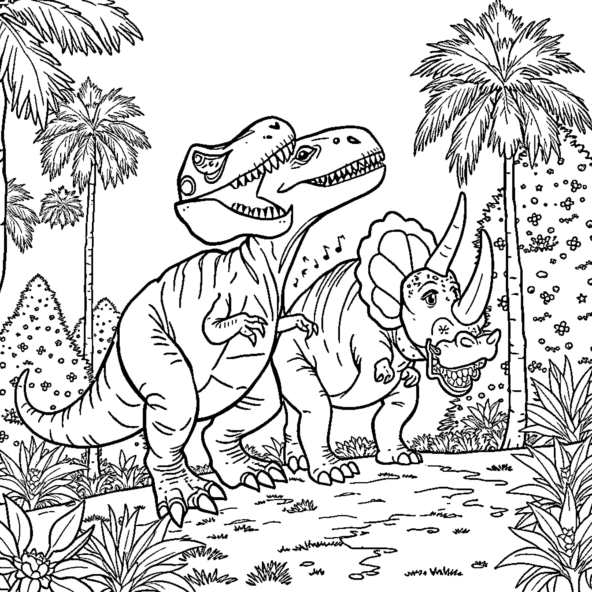 Tiranosaurio Rex in Prehistoric Landscape Coloring Page (free black-and-white line drawing printable PDF for all, from beginners to advanced learners, including children, teens, adults, and seniors)