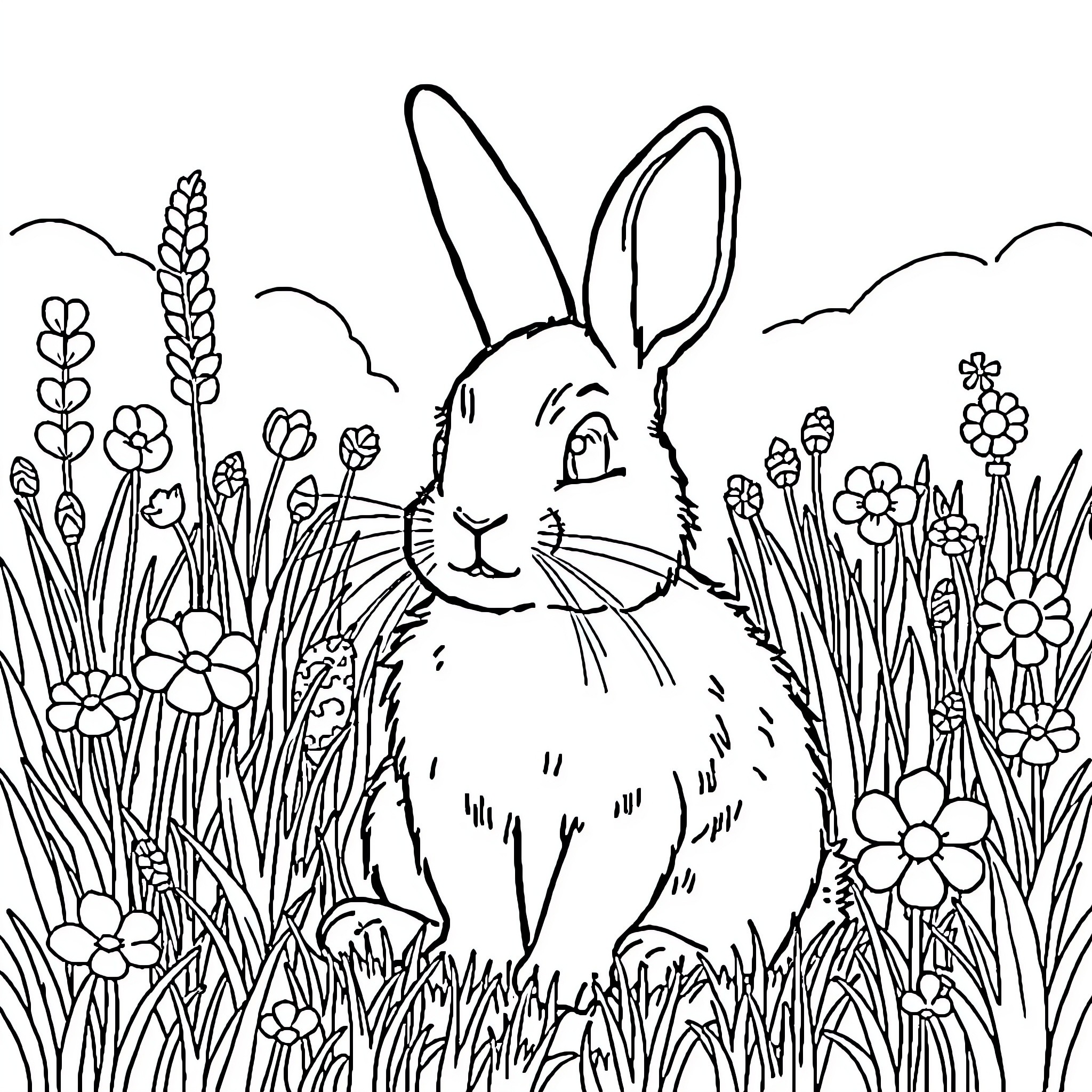 Rabbit among flowers in a garden Coloring Page (free black-and-white line drawing printable PDF for all, from beginners to advanced learners, including children, teens, adults, and seniors)
