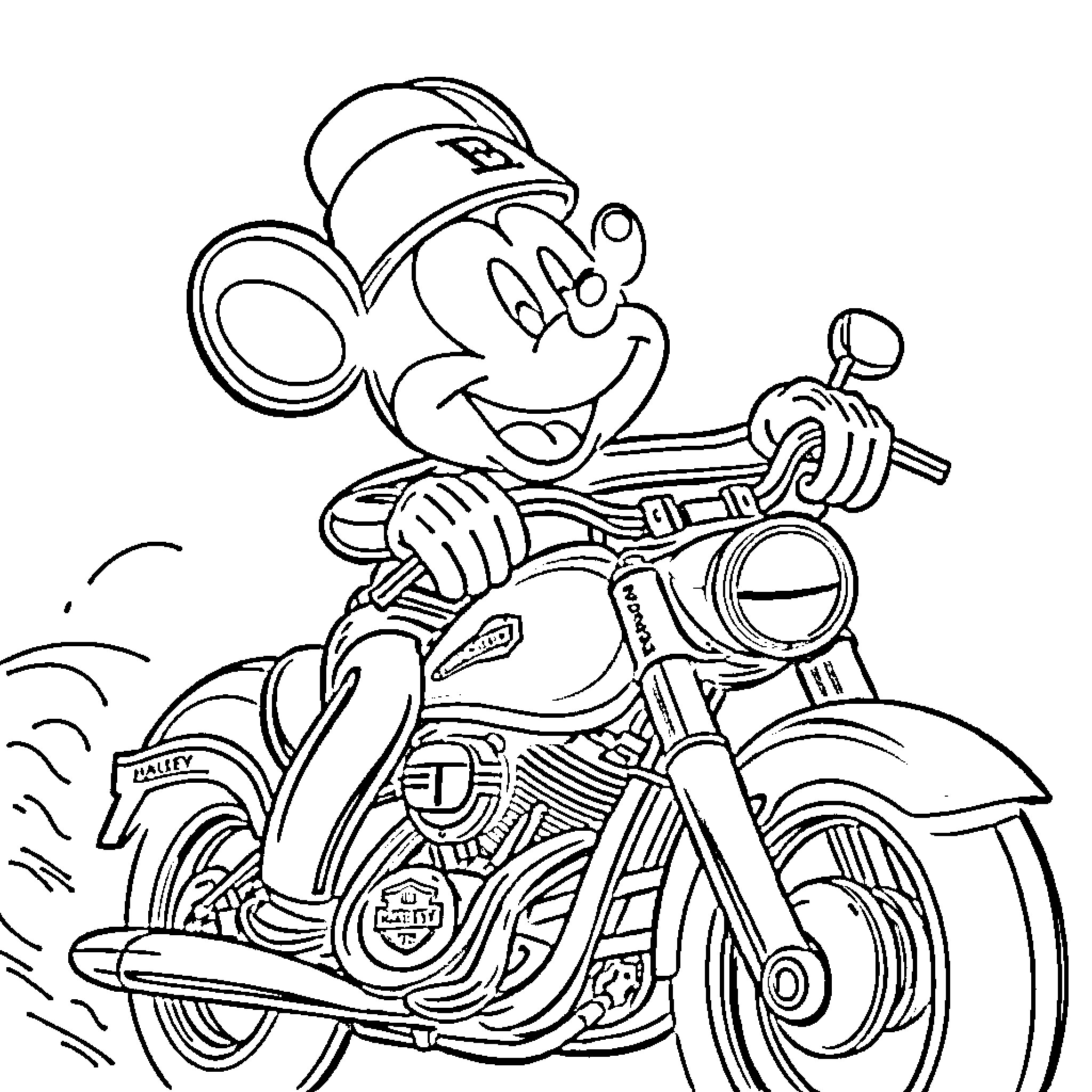 Mickey Riding Motorcycle with Excitement Coloring Page (free black-and-white line drawing printable PDF for all, from beginners to advanced learners, including children, teens, adults, and seniors)