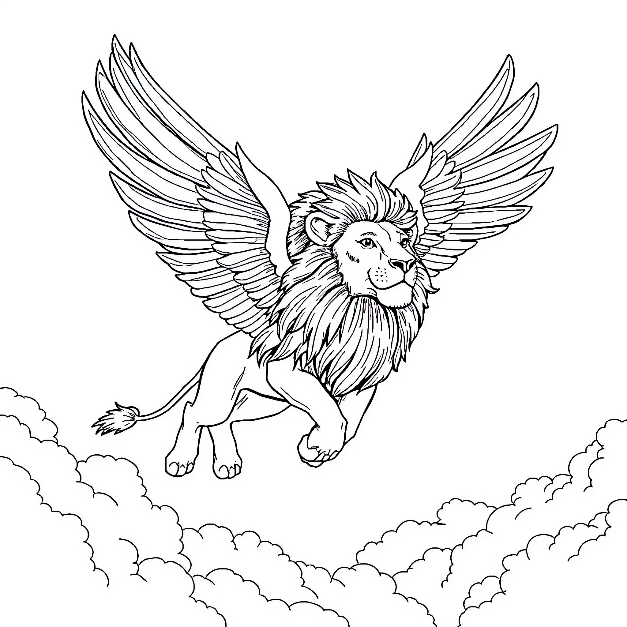 Lion soaring through the clouds with majestic wings Coloring Page (free black-and-white line drawing printable PDF for all, from beginners to advanced learners, including children, teens, adults, and seniors)