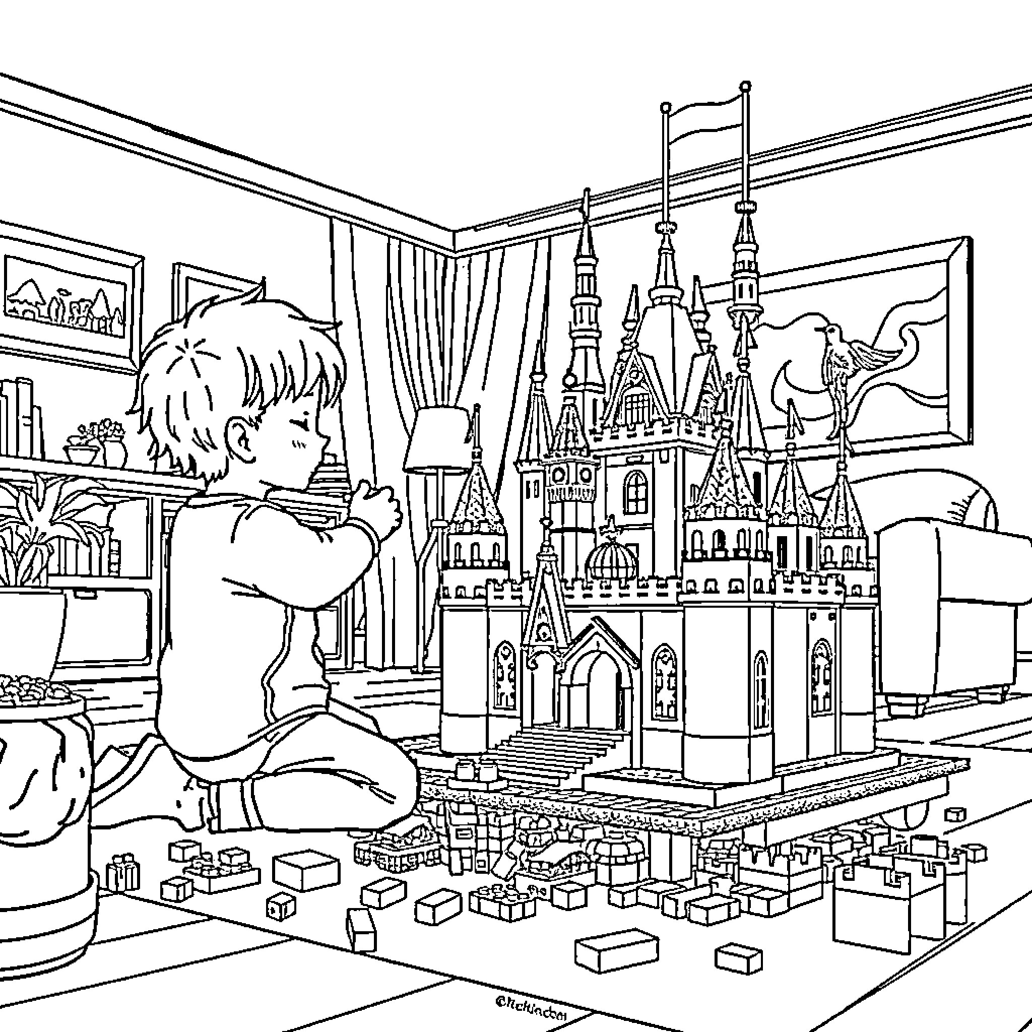 Tanjiro's Imaginative Adventure with a Magnificent Castle Coloring Page (free black-and-white line drawing printable PDF for all, from beginners to advanced learners, including children, teens, adults, and seniors)