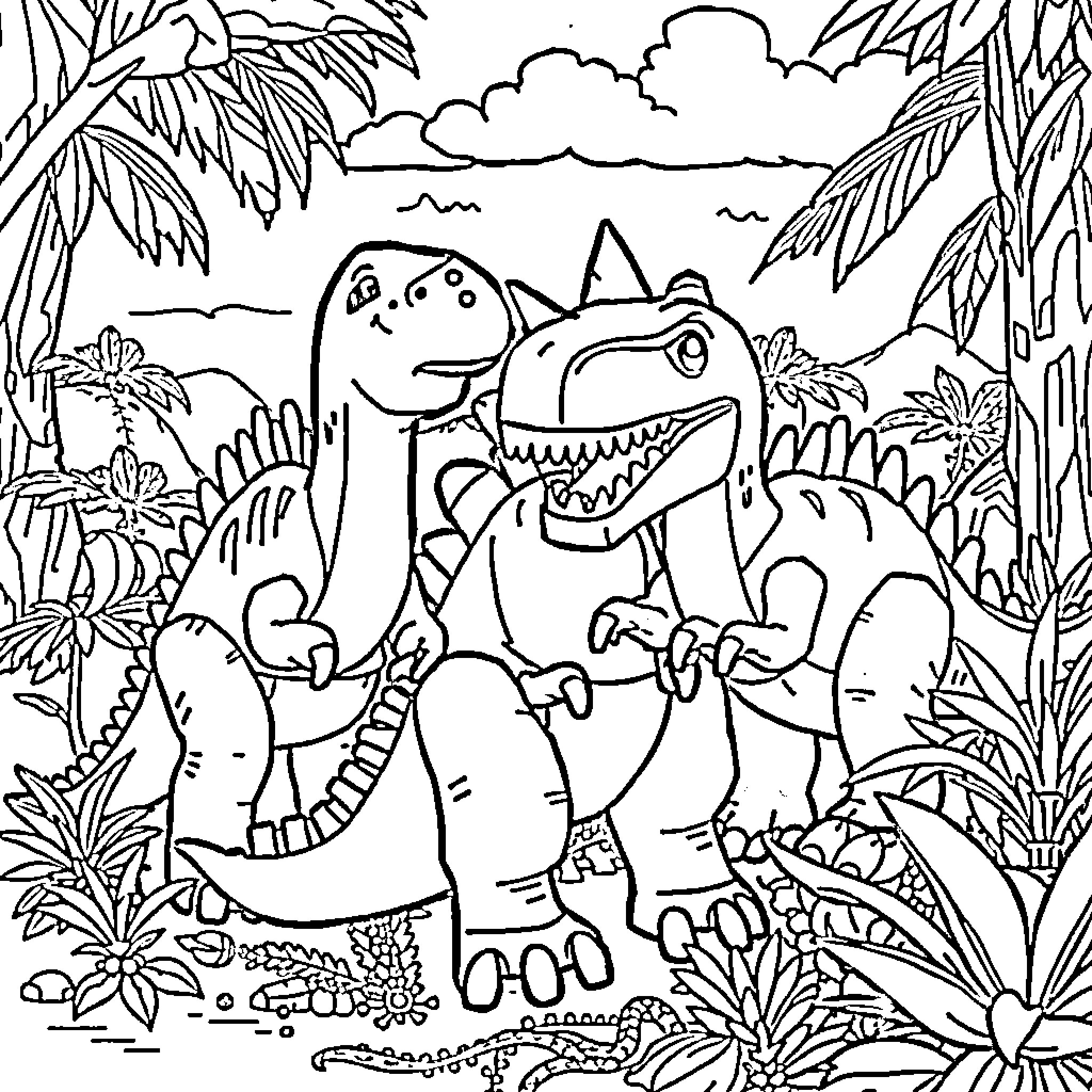 Dinosaurs exploring the lush jungle landscape Coloring Page (free black-and-white line drawing printable PDF for all, from beginners to advanced learners, including children, teens, adults, and seniors)