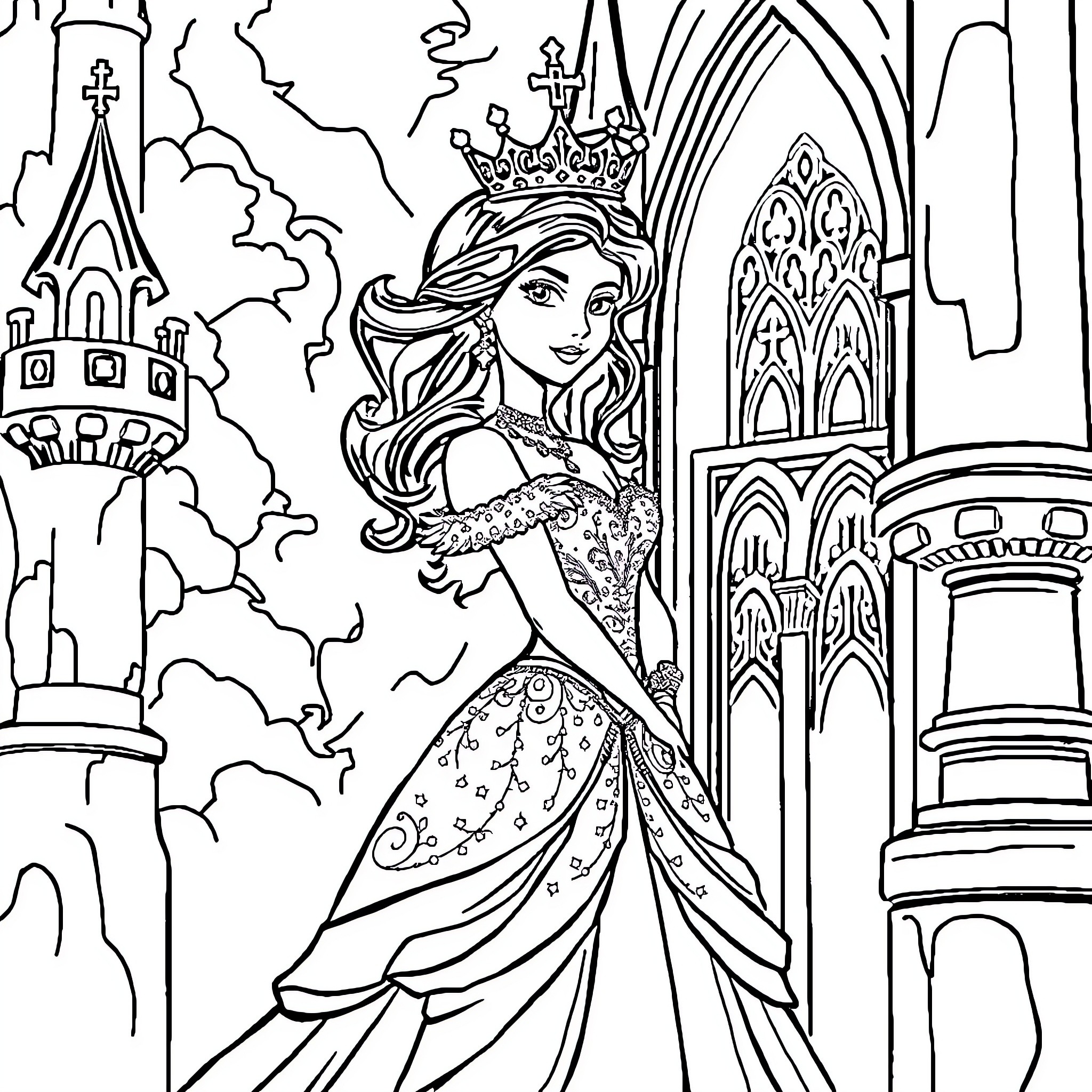 Princess in Lavish Gown Stands Before Enchanted Castle Coloring Page (free black-and-white line drawing printable PDF for all, from beginners to advanced learners, including children, teens, adults, and seniors)