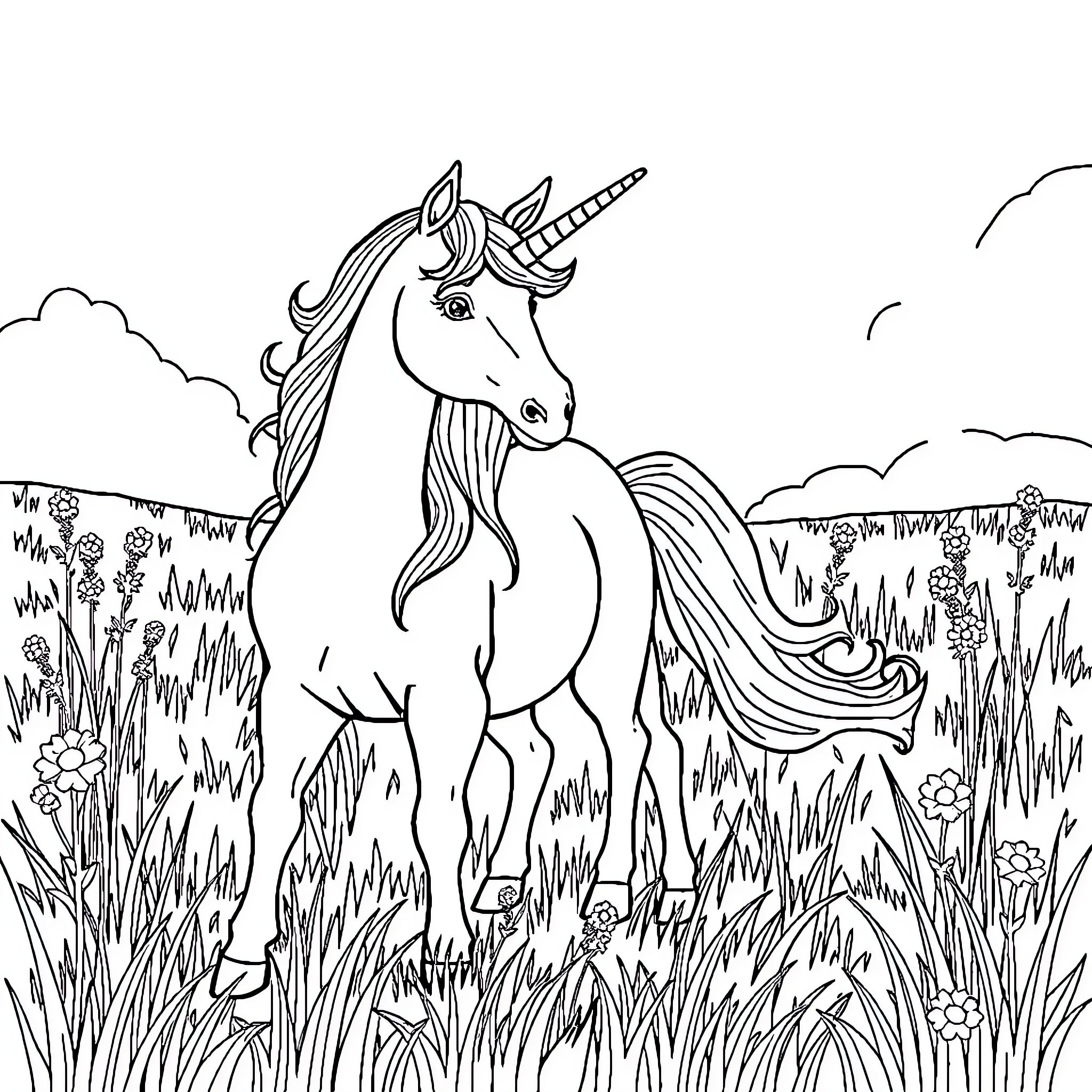 Unicorn standing proudly in a lush meadow Coloring Page (free black-and-white line drawing printable PDF for all, from beginners to advanced learners, including children, teens, adults, and seniors)