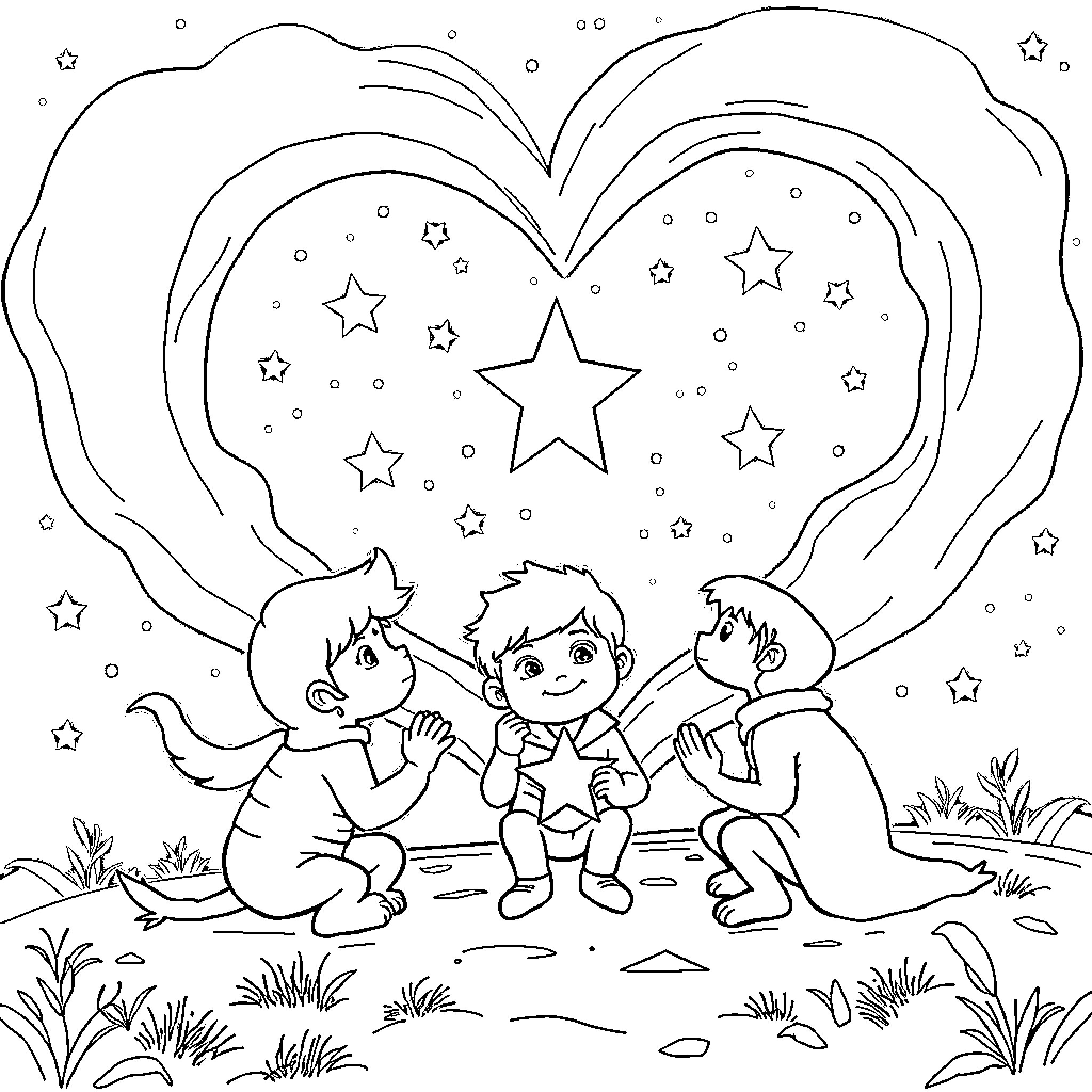 Star Gazing Children Admiring the Night Sky Coloring Page (free black-and-white line drawing printable PDF for all, from beginners to advanced learners, including children, teens, adults, and seniors)