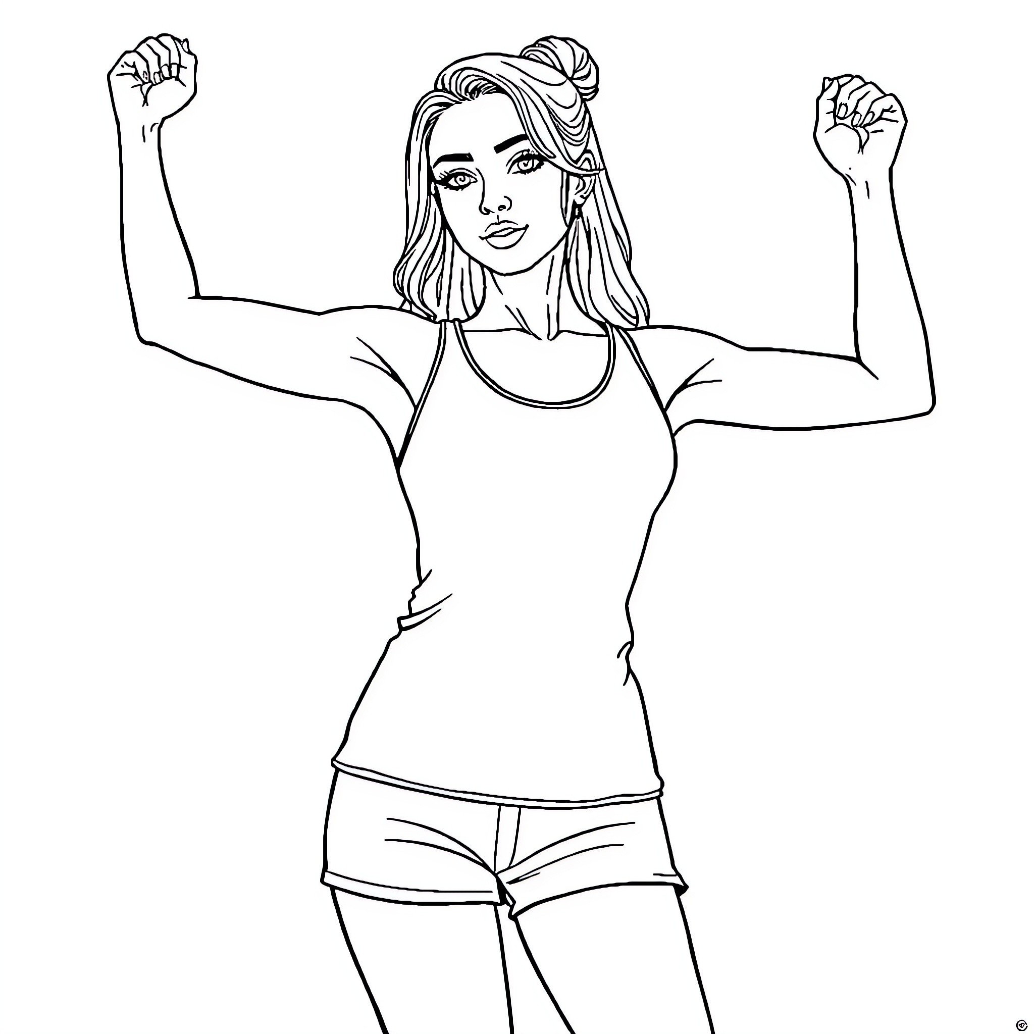 Girl Flexing Muscles with Determined Expression Coloring Page (free black-and-white line drawing printable PDF for all, from beginners to advanced learners, including children, teens, adults, and seniors)