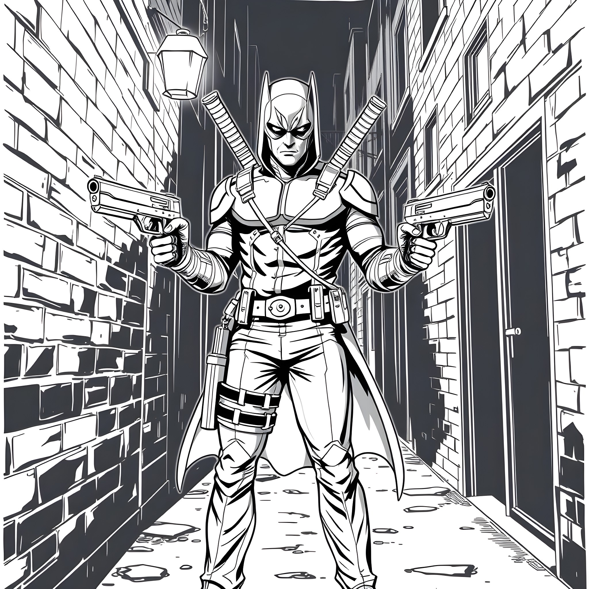 Red Hood stalking through the dark alleyway Coloring Page (free black-and-white line drawing printable PDF for all, from beginners to advanced learners, including children, teens, adults, and seniors)