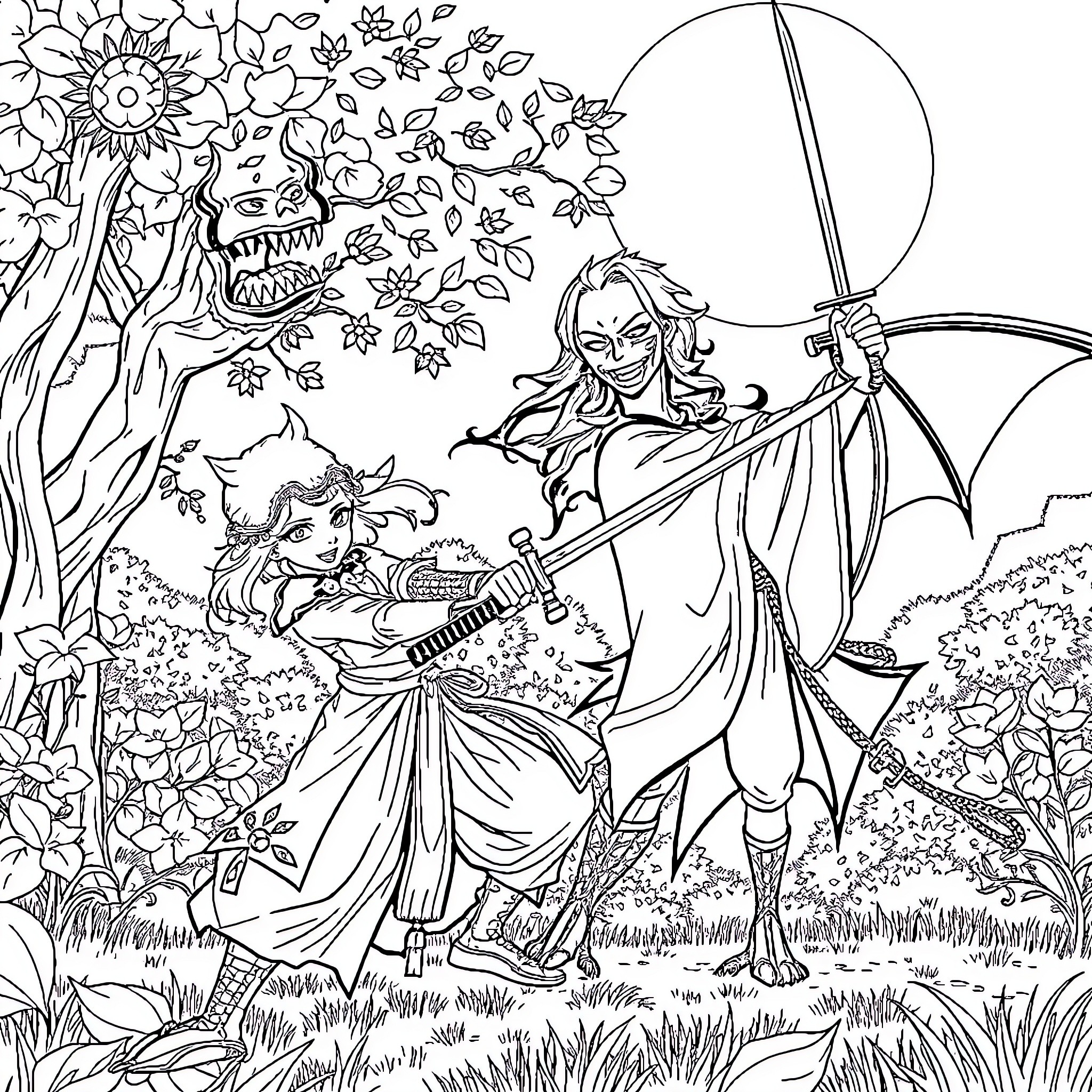 Demon Slayer: Warrior's Clash in a Fantastical Landscape Coloring Page (free black-and-white line drawing printable PDF for all, from beginners to advanced learners, including children, teens, adults, and seniors)