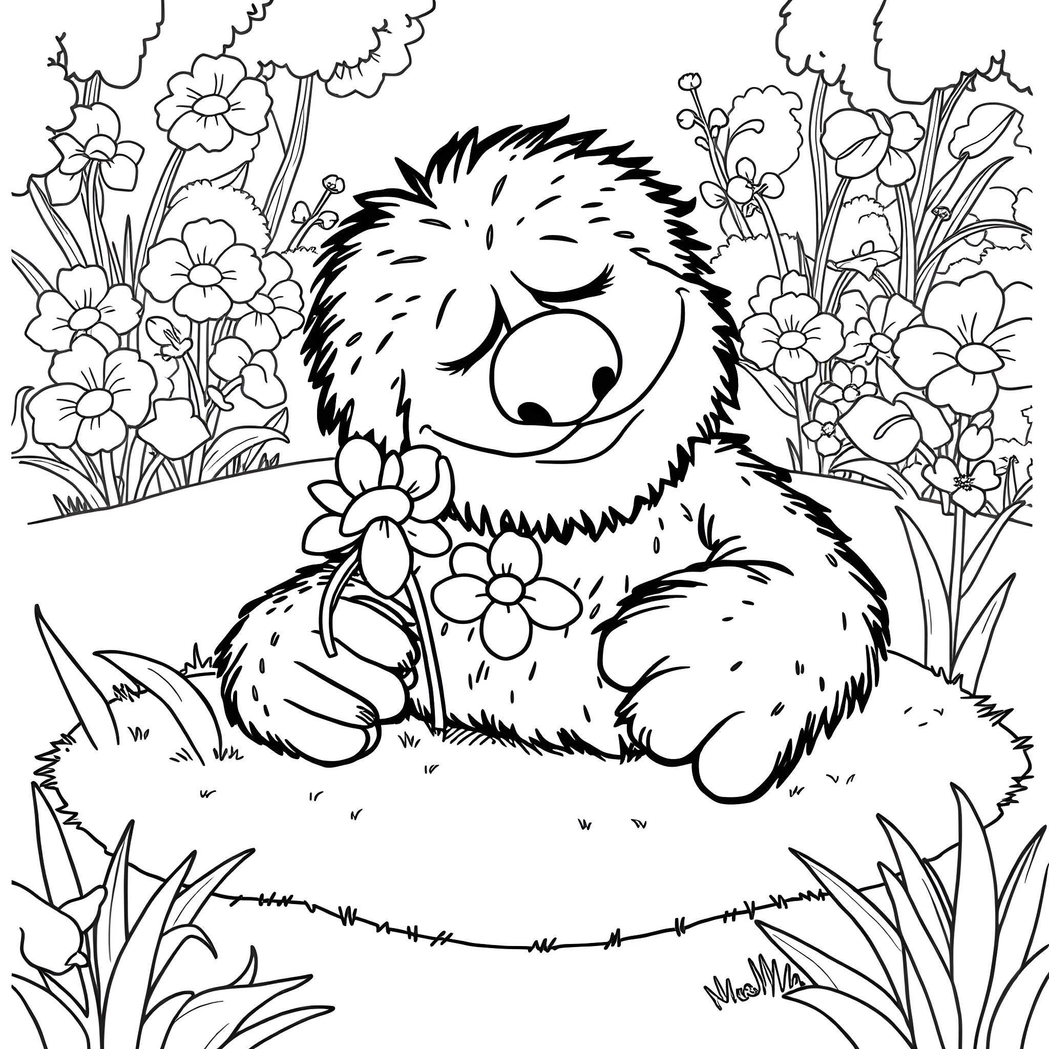 Grover the Furry Friend Enjoying Flowers Coloring Page (free black-and-white line drawing printable PDF for all, from beginners to advanced learners, including children, teens, adults, and seniors)