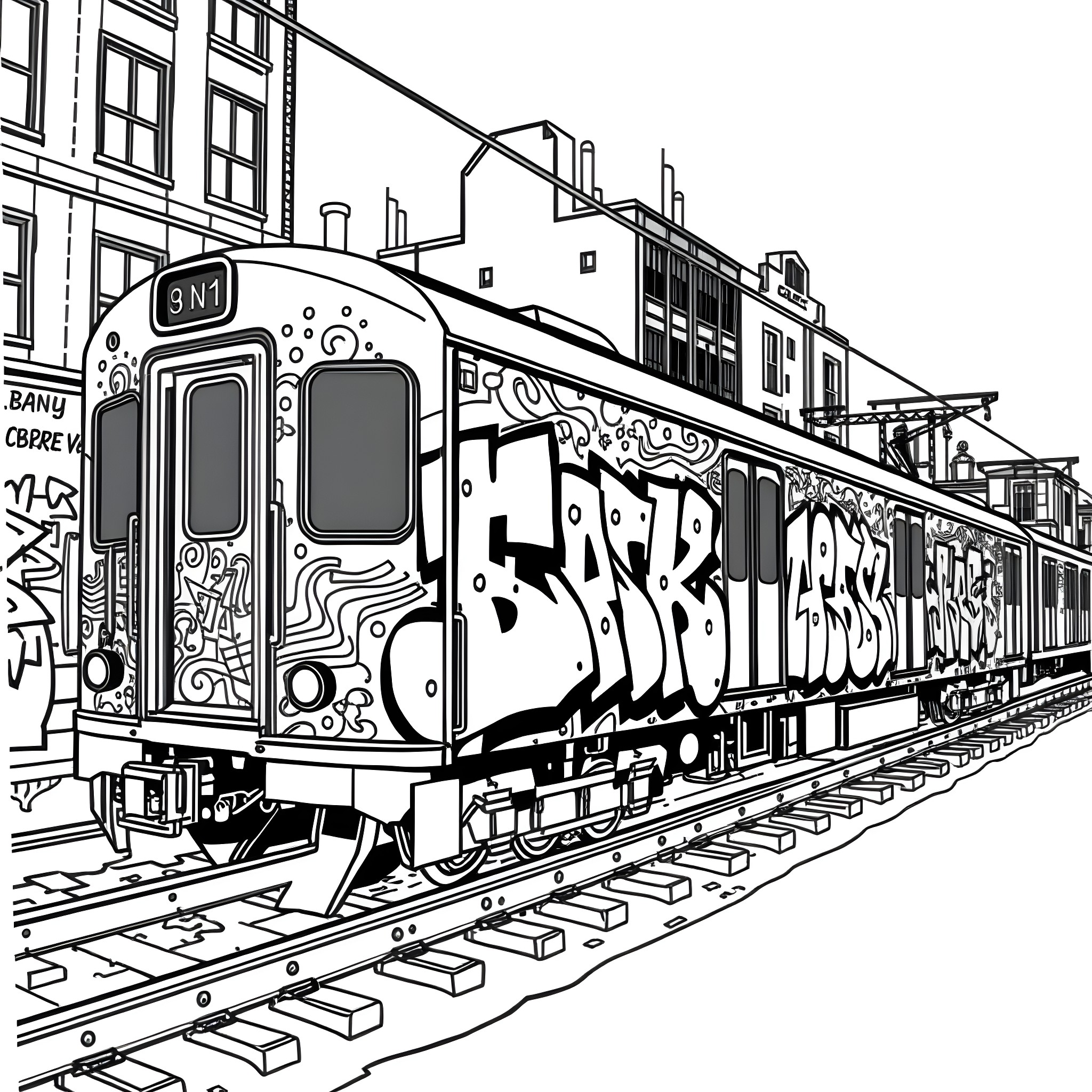 Graffiti-covered subway train in urban setting Coloring Page (free black-and-white line drawing printable PDF for all, from beginners to advanced learners, including children, teens, adults, and seniors)