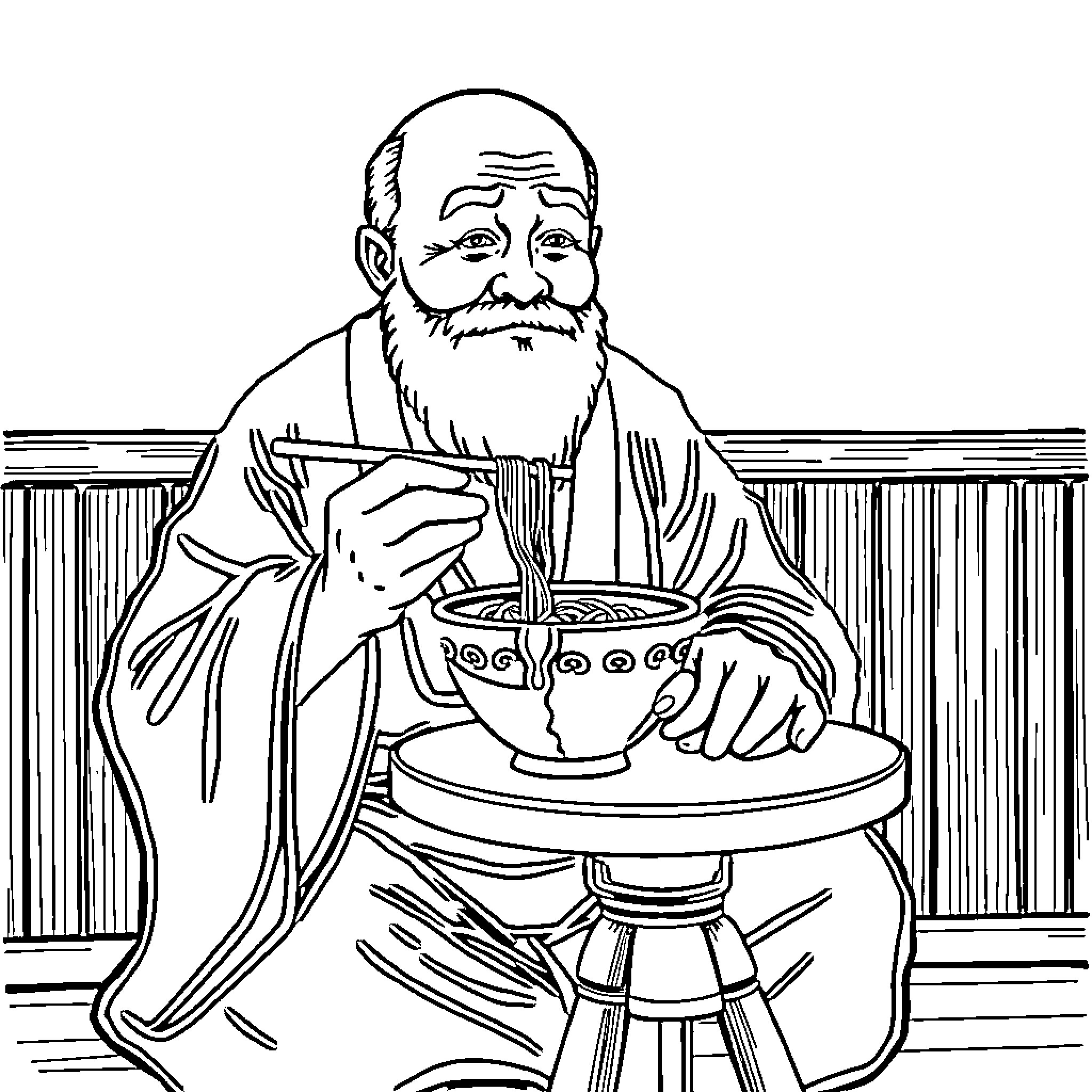 Rumi enjoying a warm beverage in contemplation Coloring Page (free black-and-white line drawing printable PDF for all, from beginners to advanced learners, including children, teens, adults, and seniors)