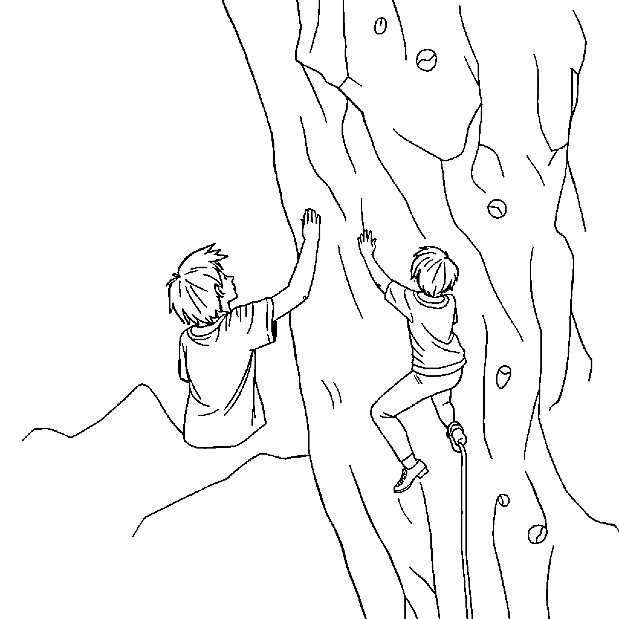 Climbing adventure with friends Coloring Page (free black-and-white line drawing printable PDF for all, from beginners to advanced learners, including children, teens, adults, and seniors)