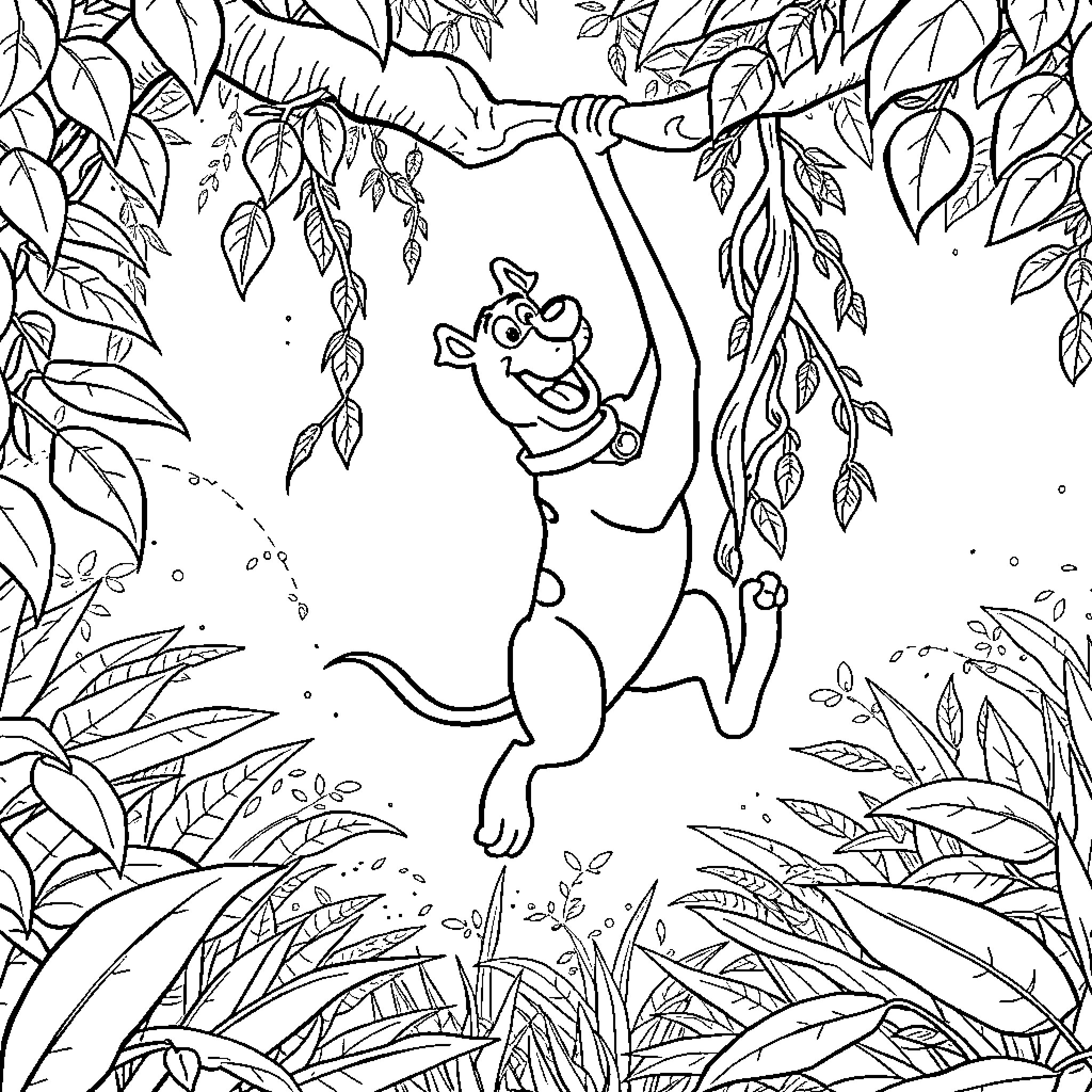 Scooby Doo having fun in the jungle Coloring Page (free black-and-white line drawing printable PDF for all, from beginners to advanced learners, including children, teens, adults, and seniors)