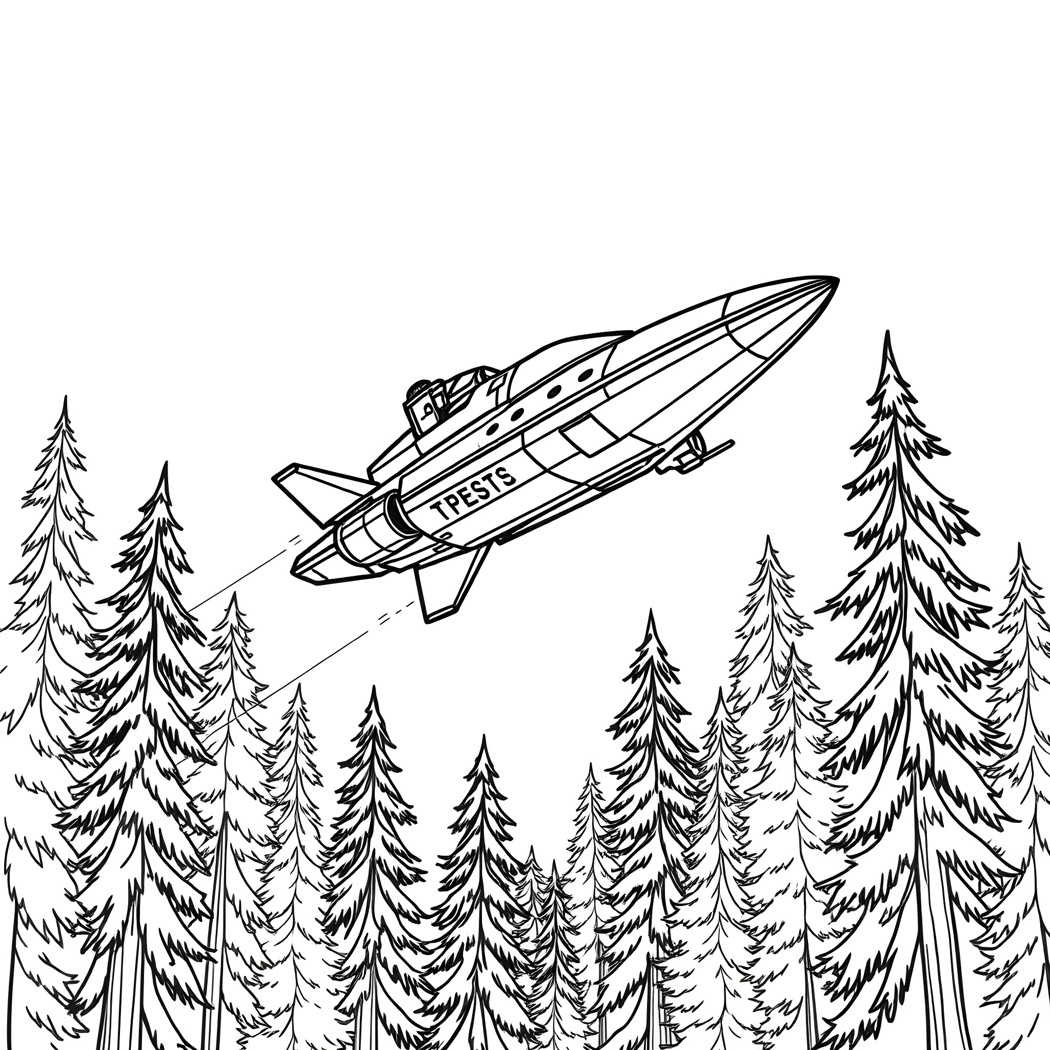 Spaceship soaring over the pine forest Coloring Page (free black-and-white line drawing printable PDF for all, from beginners to advanced learners, including children, teens, adults, and seniors)