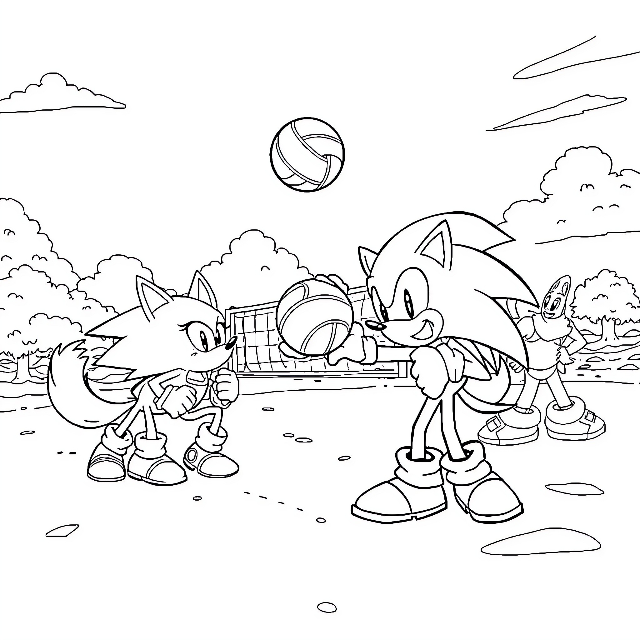 Sonic and friends playing with a volleyball in the park Coloring Page (free black-and-white line drawing printable PDF for all, from beginners to advanced learners, including children, teens, adults, and seniors)