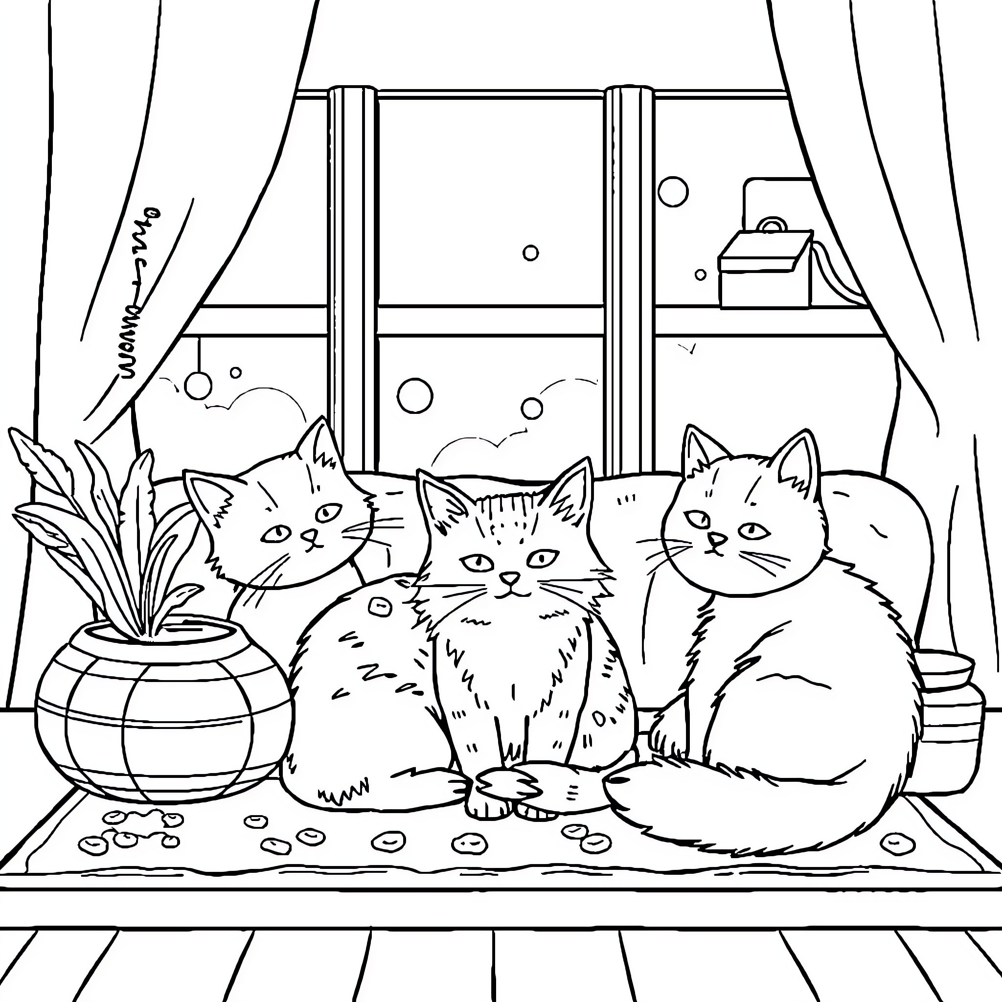 Cats relaxing on the windowsill Coloring Page (free black-and-white line drawing printable PDF for all, from beginners to advanced learners, including children, teens, adults, and seniors)