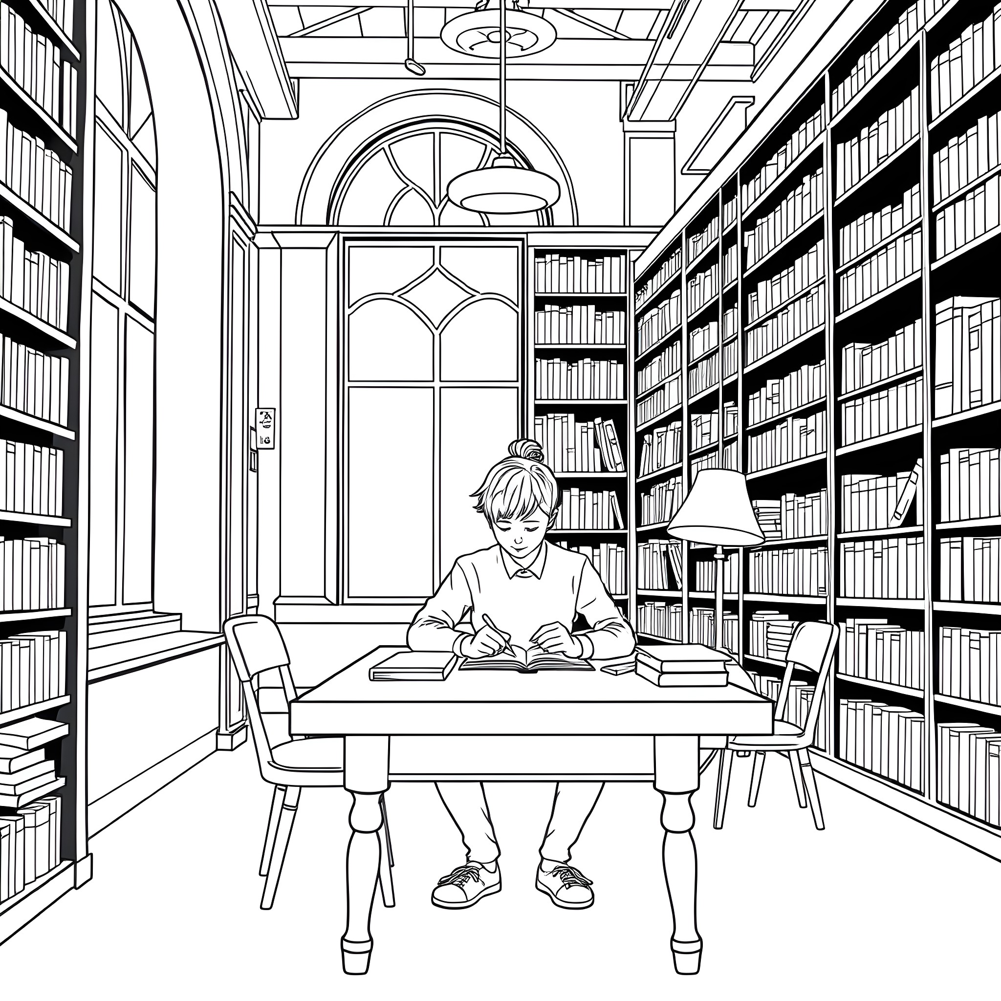 Student studying diligently in a classic library Coloring Page (free black-and-white line drawing printable PDF for all, from beginners to advanced learners, including children, teens, adults, and seniors)