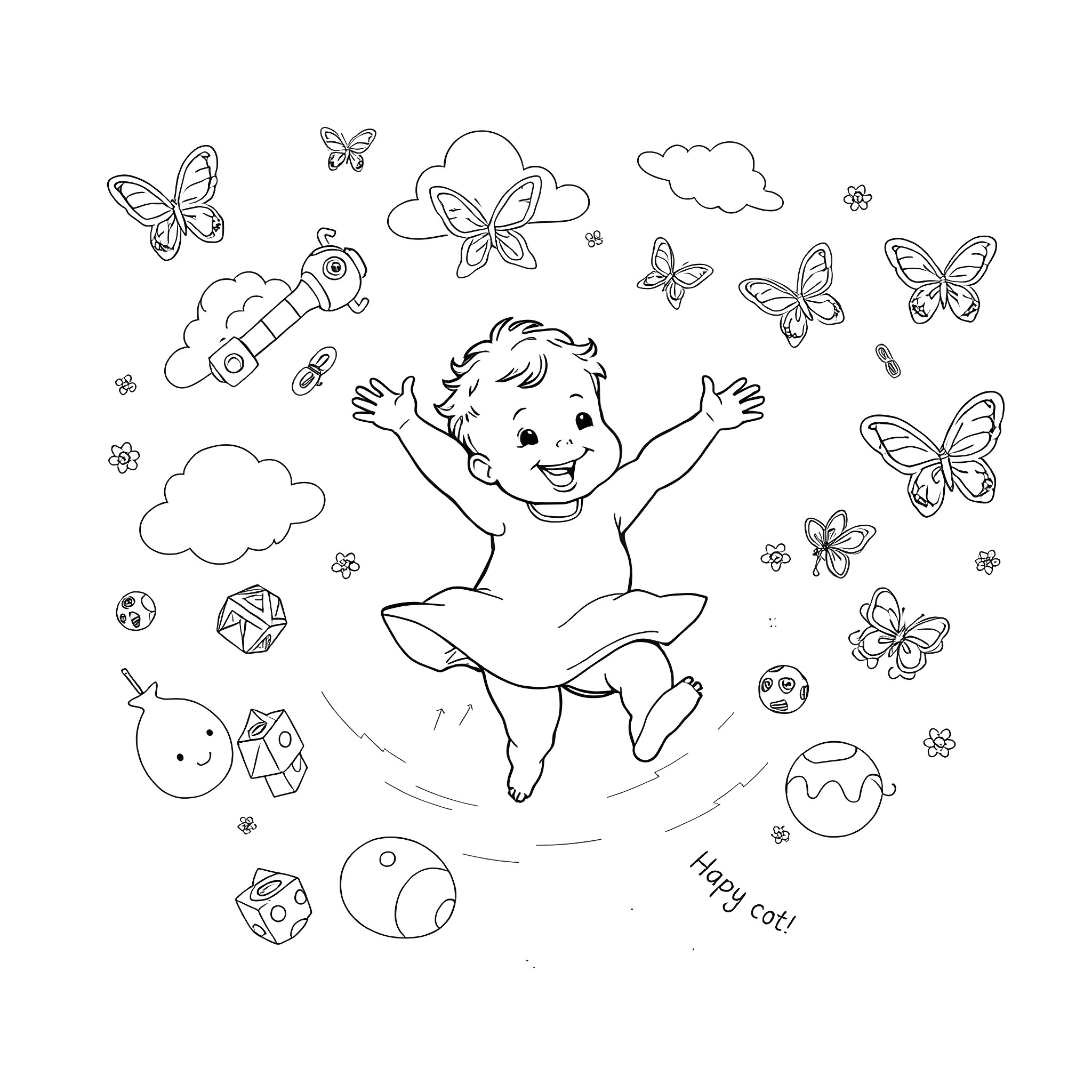 Baby Joyfully Playing with Butterflies in the Sky Coloring Page (free black-and-white line drawing printable PDF for all, from beginners to advanced learners, including children, teens, adults, and seniors)