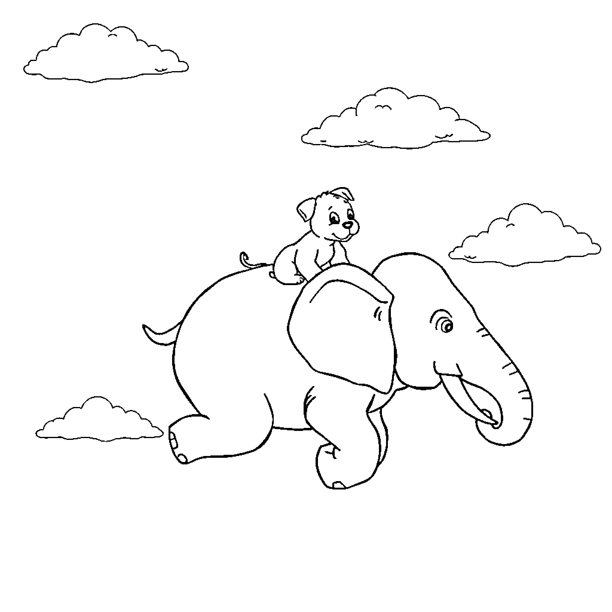 Dog riding on playful elephant in the clouds Coloring Page (free black-and-white line drawing printable PDF for all, from beginners to advanced learners, including children, teens, adults, and seniors)