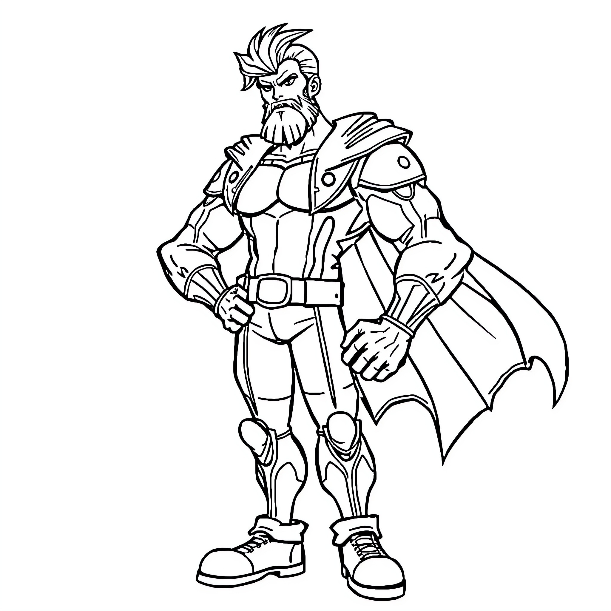 Faust, the Armored Superhero in Dramatic Pose Coloring Page (free black-and-white line drawing printable PDF for all, from beginners to advanced learners, including children, teens, adults, and seniors)