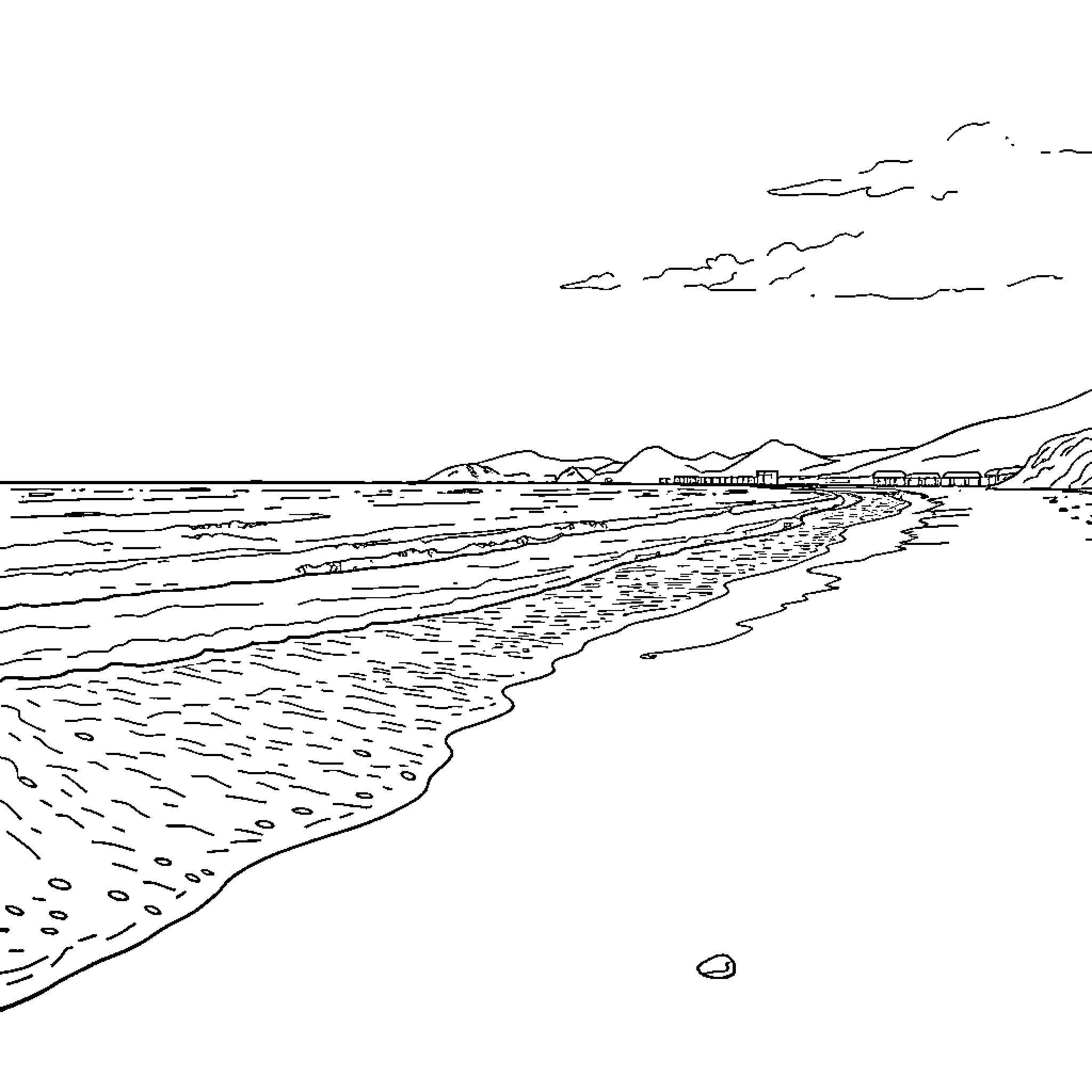 Beach landscape with scenic coastline and mountains Coloring Page (free black-and-white line drawing printable PDF for all, from beginners to advanced learners, including children, teens, adults, and seniors)