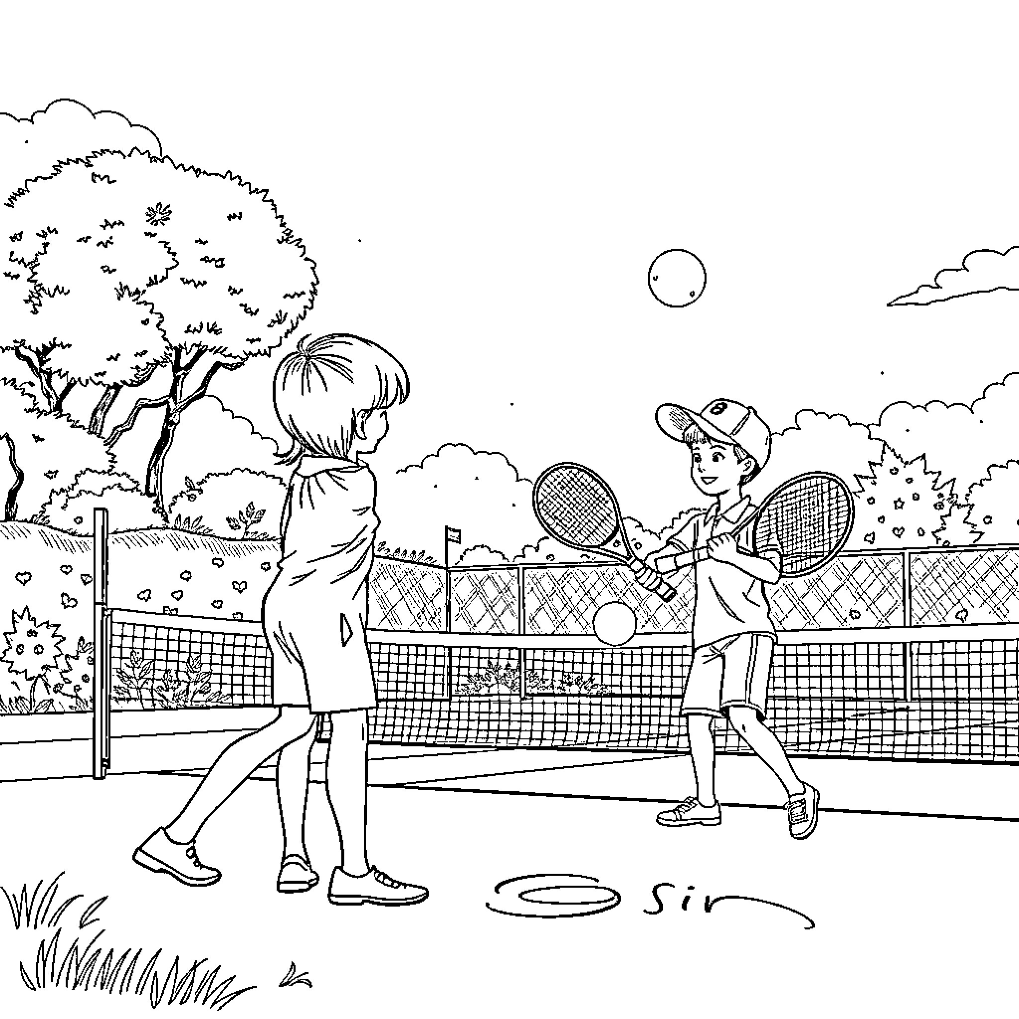 Children playing tennis on outdoor court Coloring Page (free black-and-white line drawing printable PDF for all, from beginners to advanced learners, including children, teens, adults, and seniors)