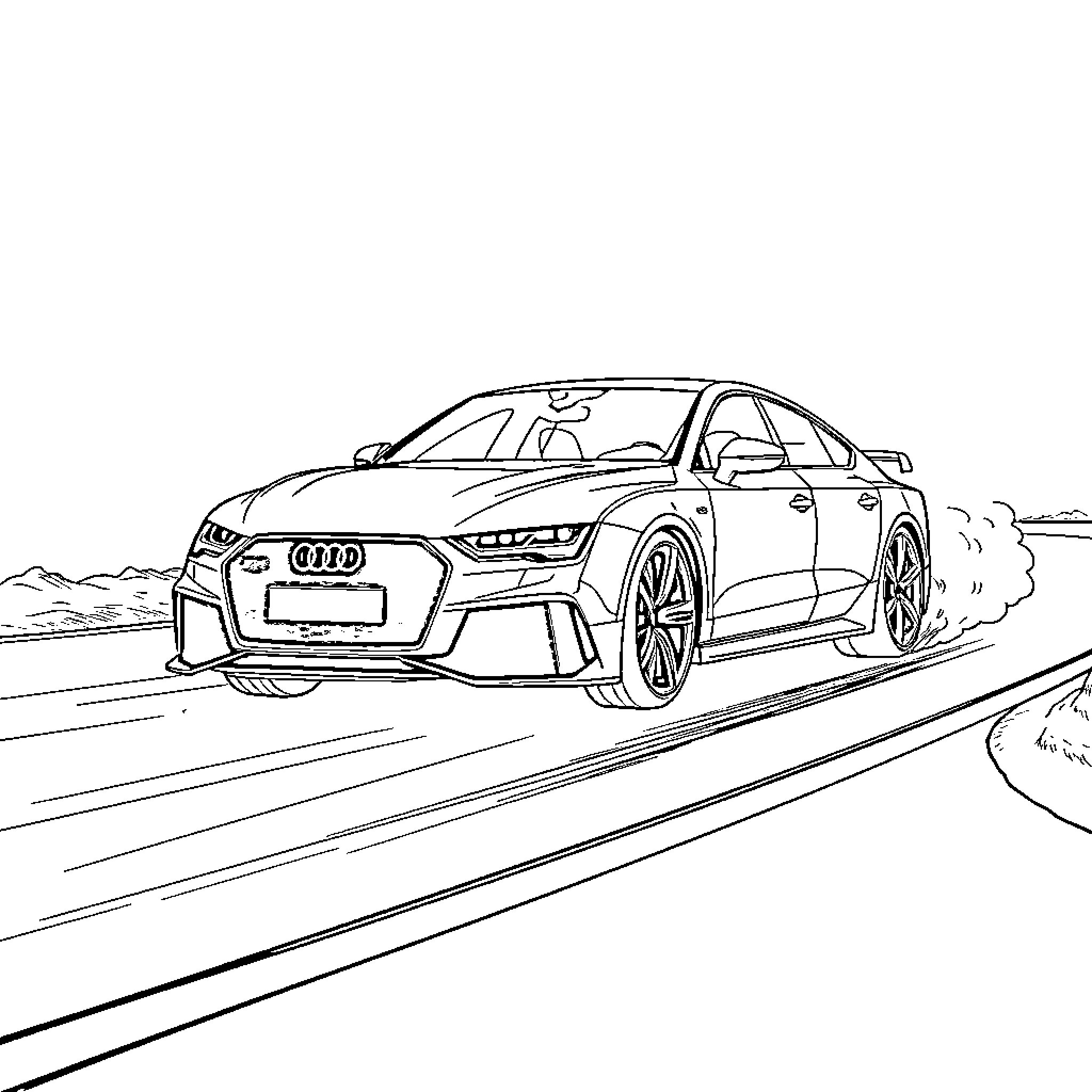 Audi RS7 speeding down the winding road Coloring Page (free black-and-white line drawing printable PDF for all, from beginners to advanced learners, including children, teens, adults, and seniors)